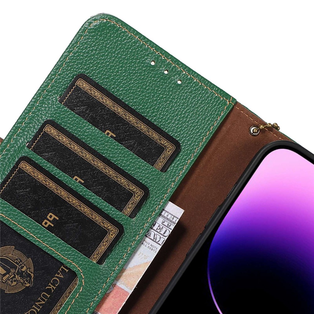 Genuine Leather Case for iPhone 14, Anti-drop Side Magnetic Closure Phone Case RFID Blocking Wallet Phone Cover with Stand - Green-5
