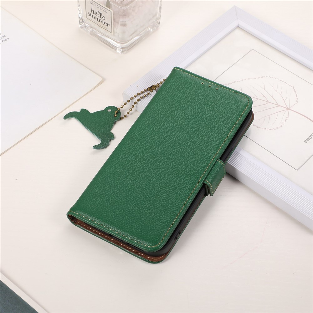 Genuine Leather Case for iPhone 14, Anti-drop Side Magnetic Closure Phone Case RFID Blocking Wallet Phone Cover with Stand - Green-6