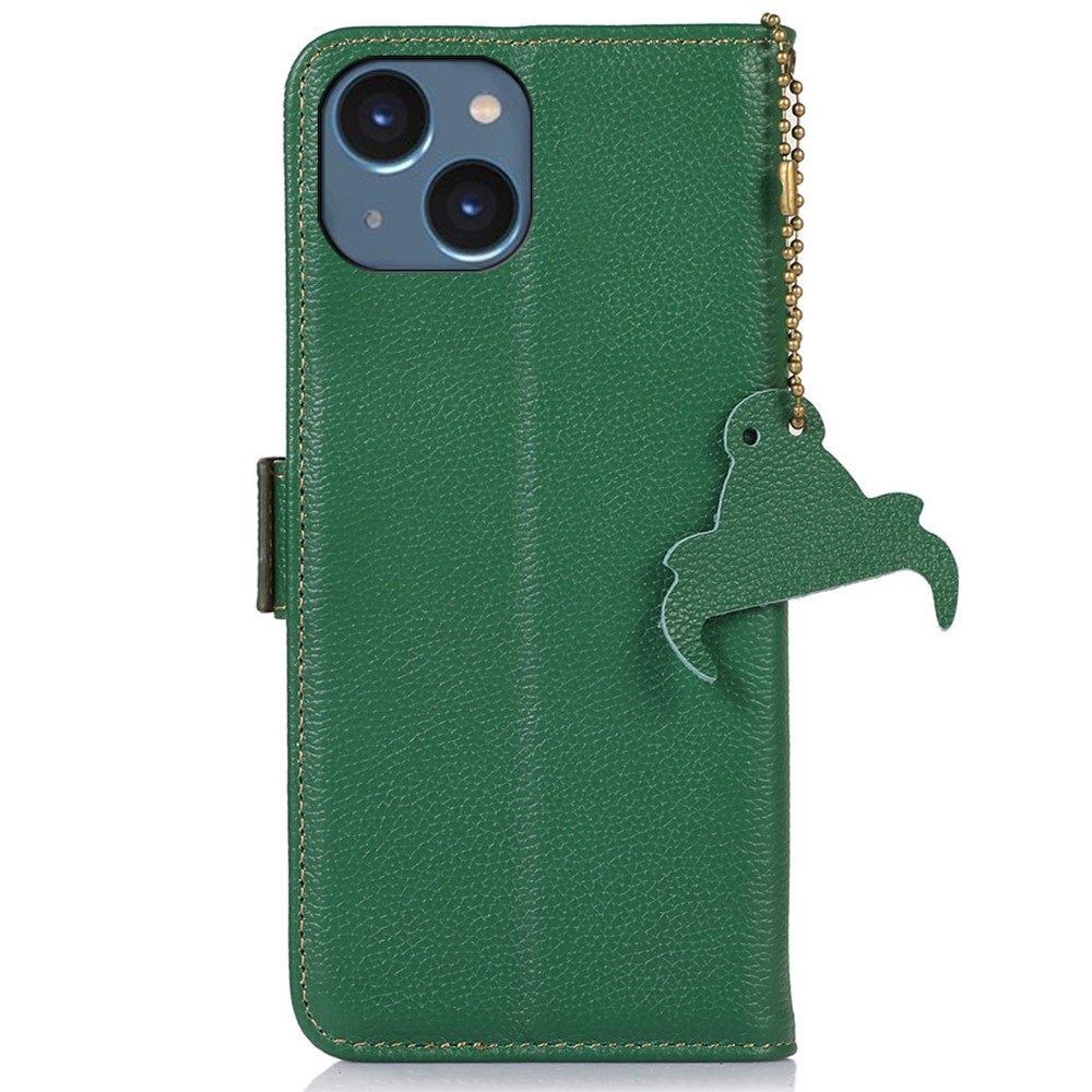 Genuine Leather Case for iPhone 14, Anti-drop Side Magnetic Closure Phone Case RFID Blocking Wallet Phone Cover with Stand - Green-8