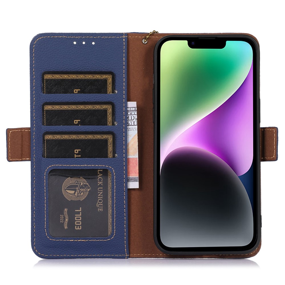 Genuine Leather Case for iPhone 14 Plus, Bump Proof Side Magnetic Closure Phone Case RFID Blocking Wallet Phone Cover with Stand - Sapphire-2