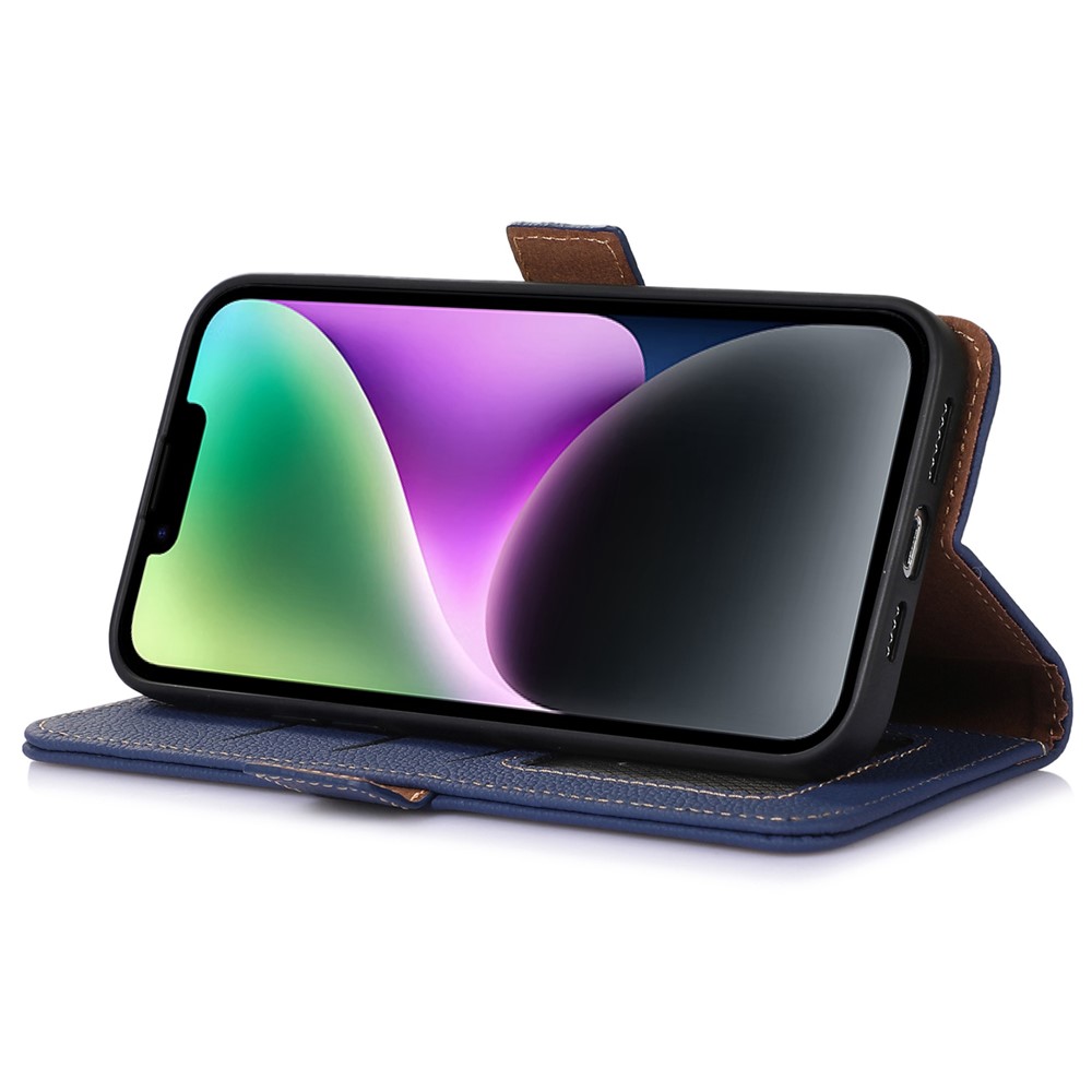 Genuine Leather Case for iPhone 14 Plus, Bump Proof Side Magnetic Closure Phone Case RFID Blocking Wallet Phone Cover with Stand - Sapphire-3