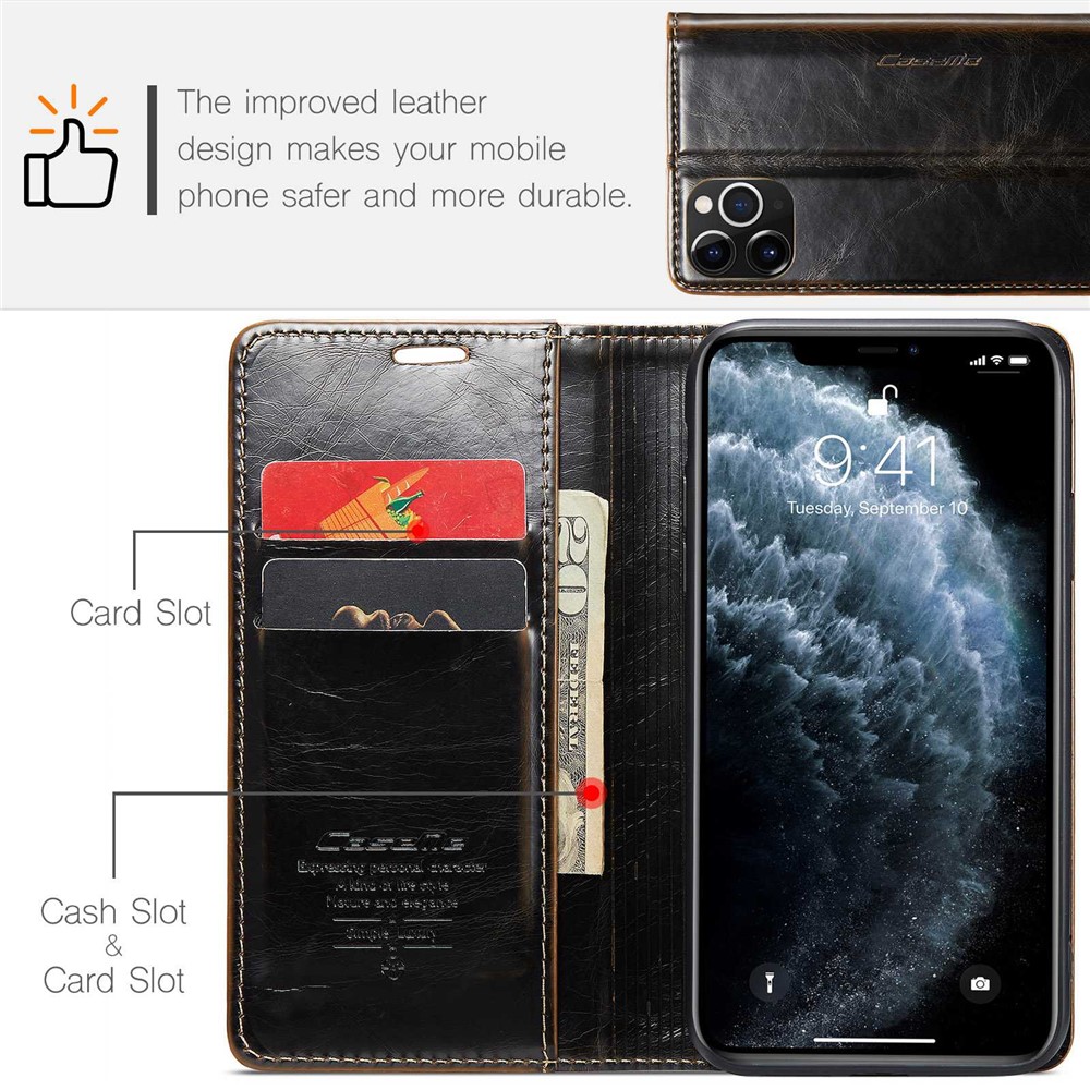 CASEME 003 Series For iPhone 11 Pro 5.8 inch PU Leather Retro Waxy Texture Phone Case Wallet Stand Cellphone Cover - Coffee-7