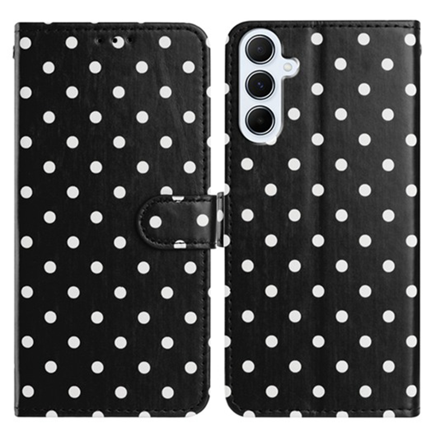 For Samsung Galaxy A05s 4G Leather Case Polka Dot Pattern Wallet Stand Folio Phone Cover - Black