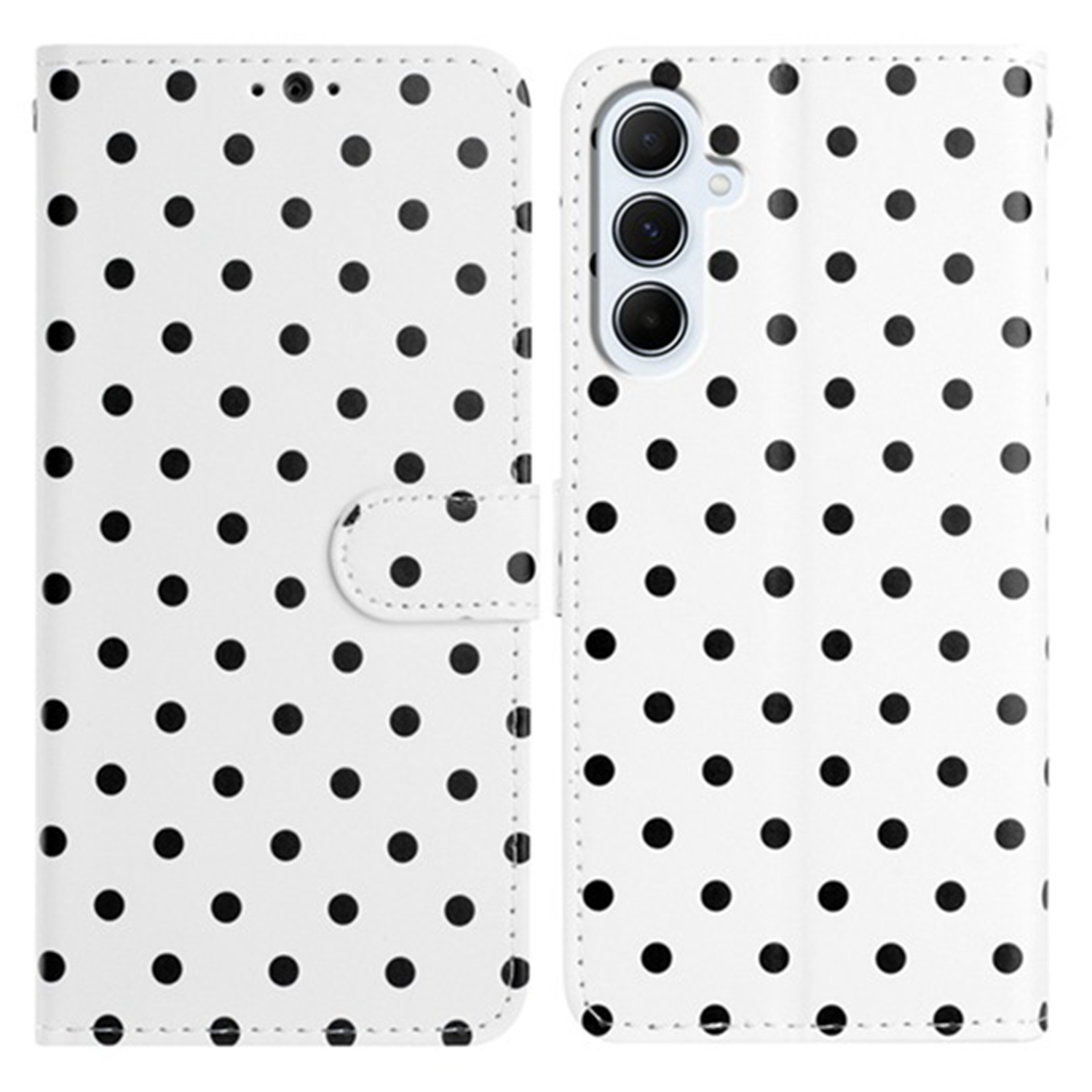 For Samsung Galaxy A05s 4G Leather Case Polka Dot Pattern Wallet Stand Folio Phone Cover - White