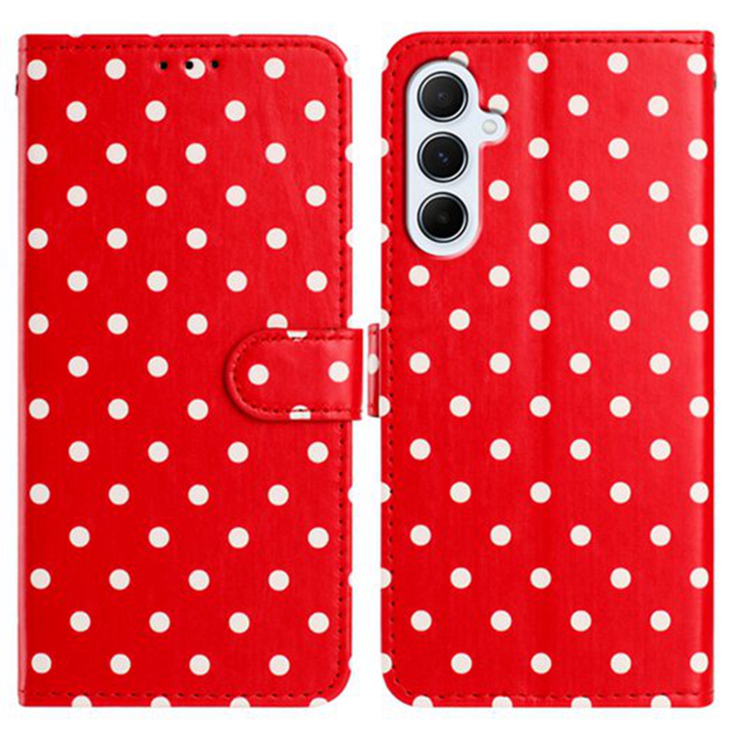 For Samsung Galaxy A05s 4G Leather Case Polka Dot Pattern Wallet Stand Folio Phone Cover - Red