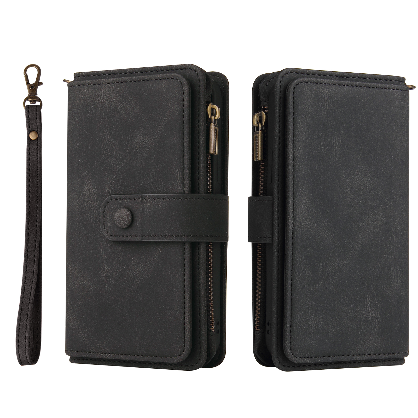 For iPhone SE (2020) / iPhone SE (2022) / iPhone 7 4.7 inch / iPhone 8 4.7 inch Zipper Wallet Case with 15 Card Slots and Strap Leather Phone Cover - Black