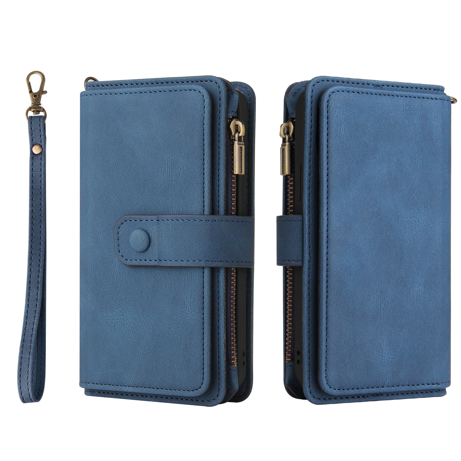 For iPhone SE (2020) / iPhone SE (2022) / iPhone 7 4.7 inch / iPhone 8 4.7 inch Zipper Wallet Case with 15 Card Slots and Strap Leather Phone Cover - Blue