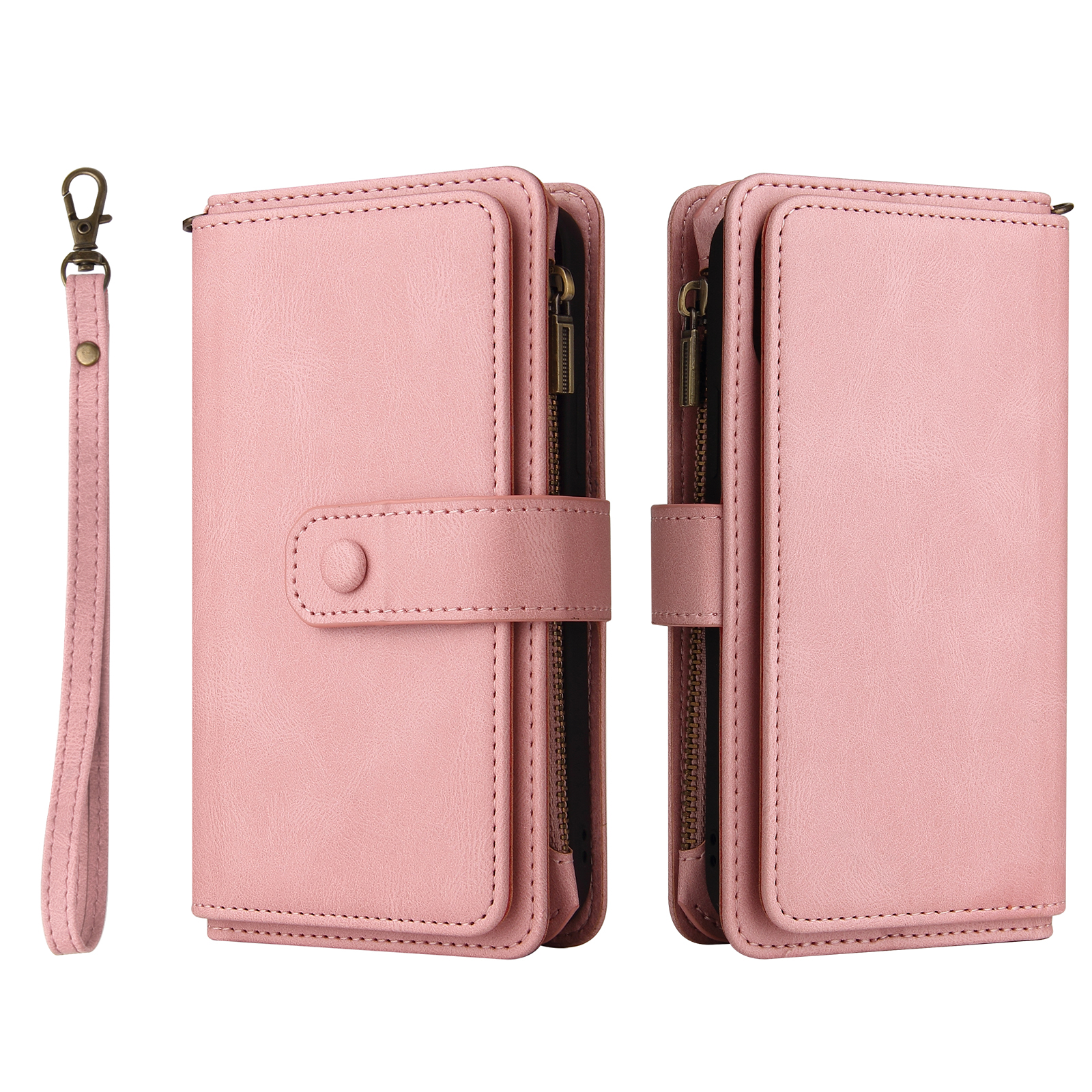 For iPhone SE (2020) / iPhone SE (2022) / iPhone 7 4.7 inch / iPhone 8 4.7 inch Zipper Wallet Case with 15 Card Slots and Strap Leather Phone Cover - Pink