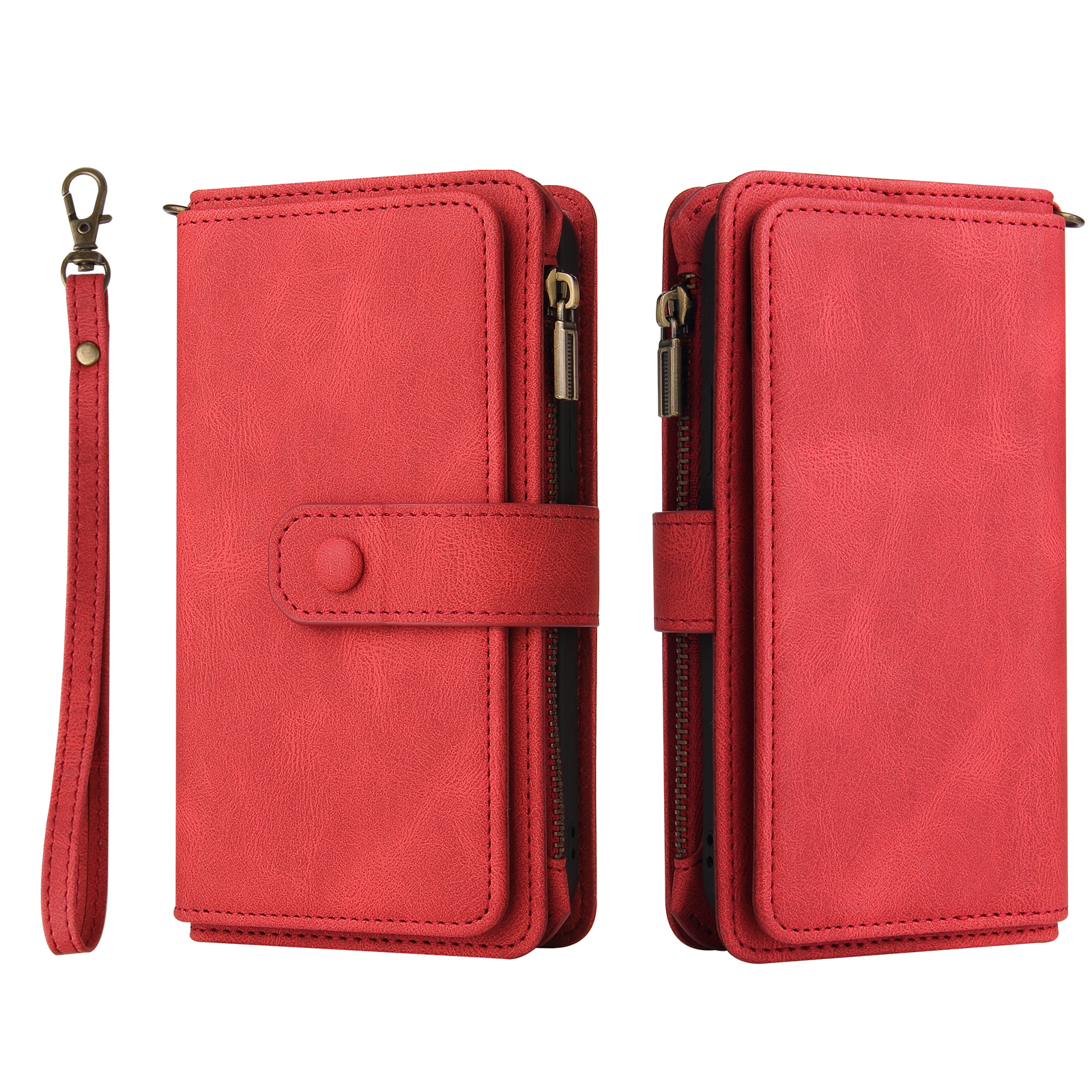 For iPhone SE (2020) / iPhone SE (2022) / iPhone 7 4.7 inch / iPhone 8 4.7 inch Zipper Wallet Case with 15 Card Slots and Strap Leather Phone Cover - Red