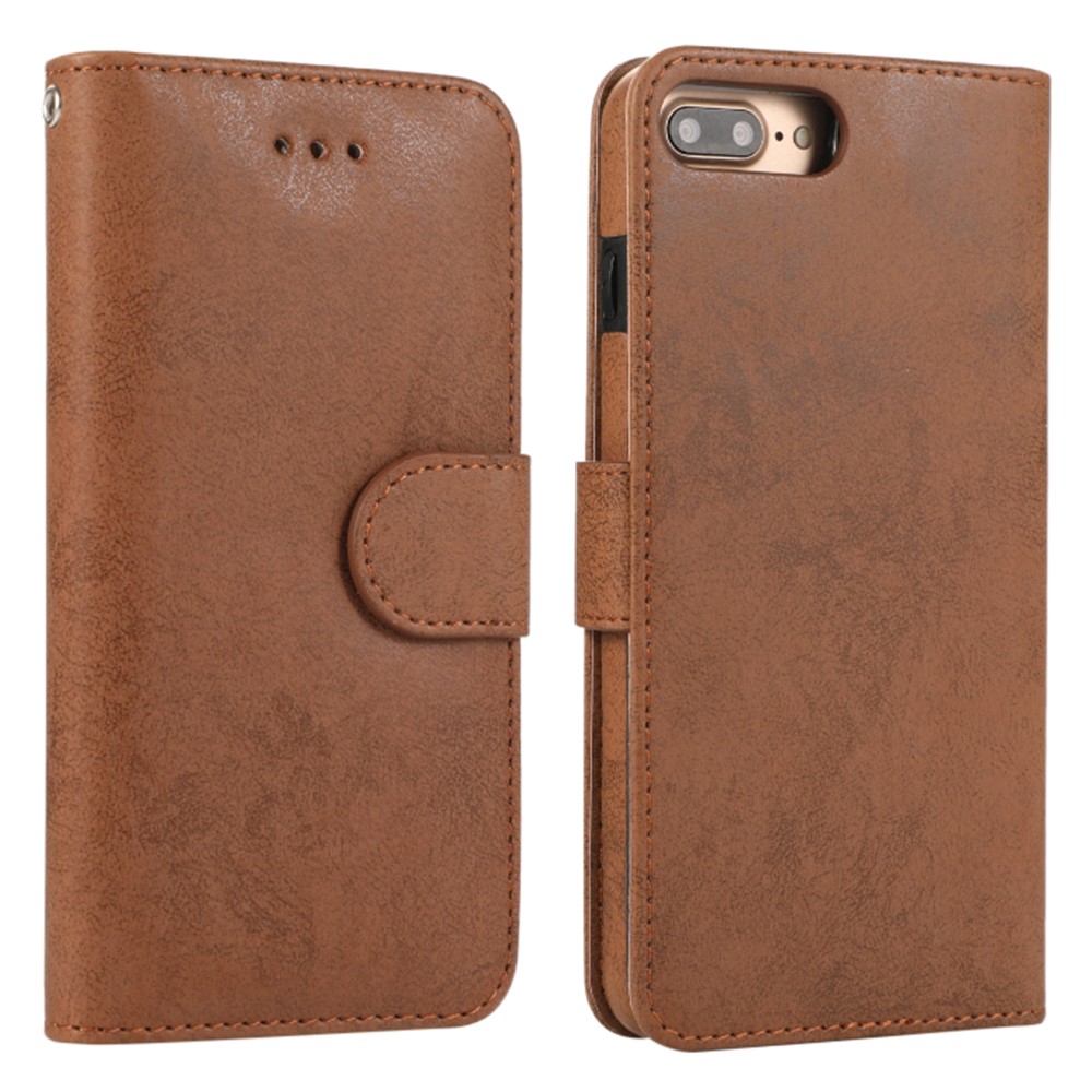 For iPhone 8 Plus / 7 Plus Wallet Case Retro Matte Magnetic Detachable PU Leather TPU Phone Cover - Brown