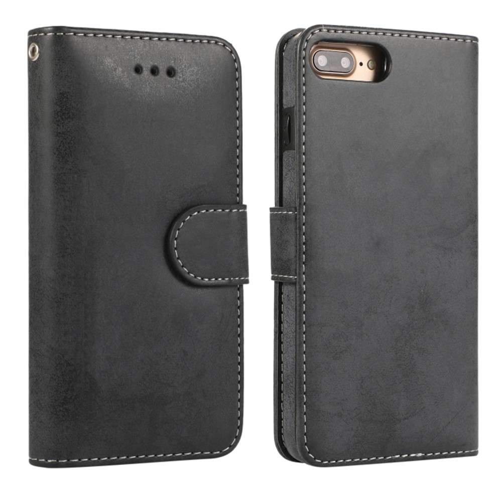 For iPhone 8 Plus / 7 Plus Wallet Case Retro Matte Magnetic Detachable PU Leather TPU Phone Cover - Black