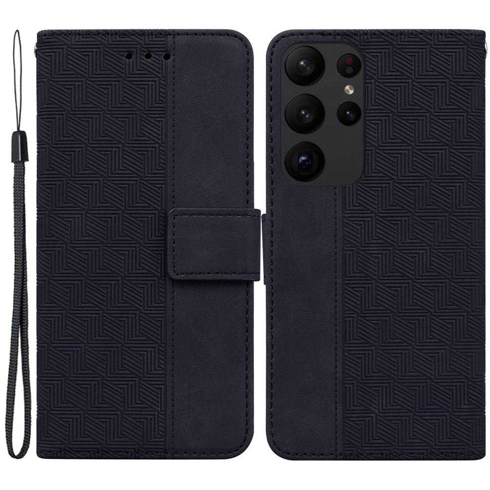 For Samsung Galaxy S23 Ultra PU Leather Magnetic Closure Geometry Pattern Imprinted Case Handbag Stand Wallet Shockproof Flip Phone Cover with Strap - Black-1