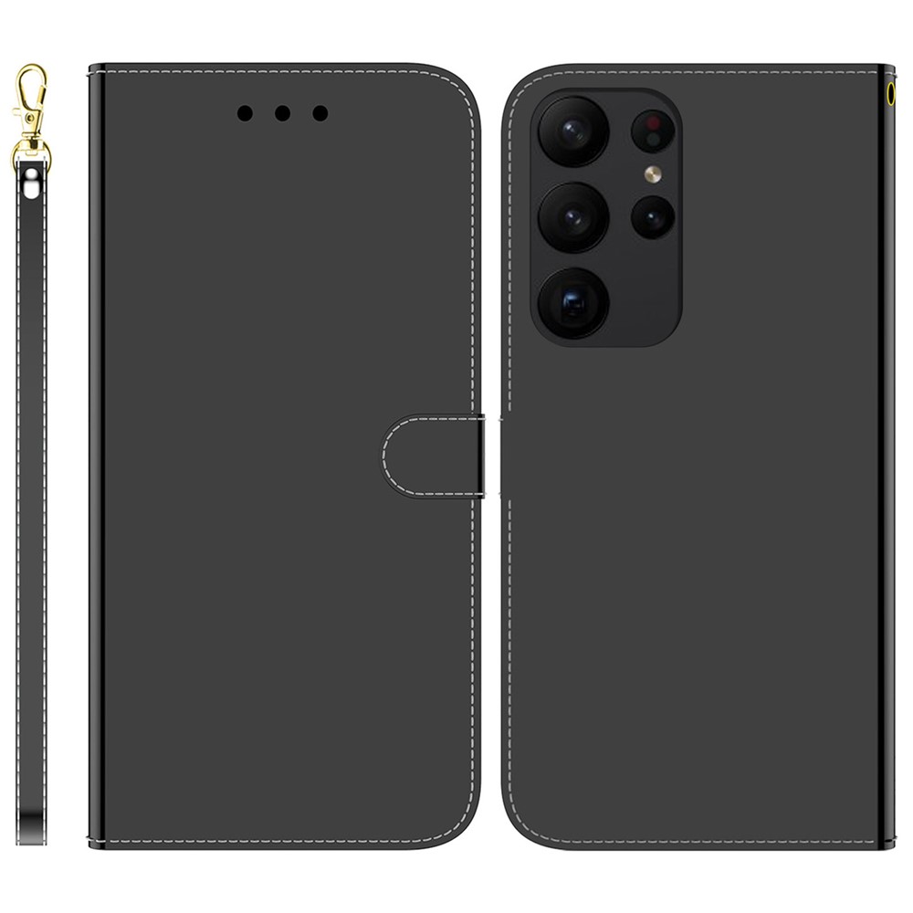For Samsung Galaxy S23 Ultra Mirror-like Surface Magnetic Closure Protective Case PU Leather Wallet Stand Full Protection Flip Phone Cover with Strap - Black-1