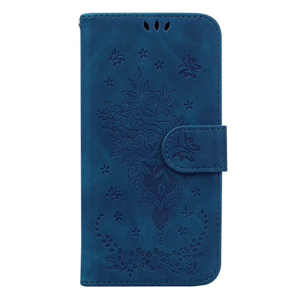 For Samsung Galaxy S23 Ultra PU Leather Book Stand Wallet Case Imprinted Rose Butterfly Magnetic Closure Flip Phone Cover with Strap - Blue-6