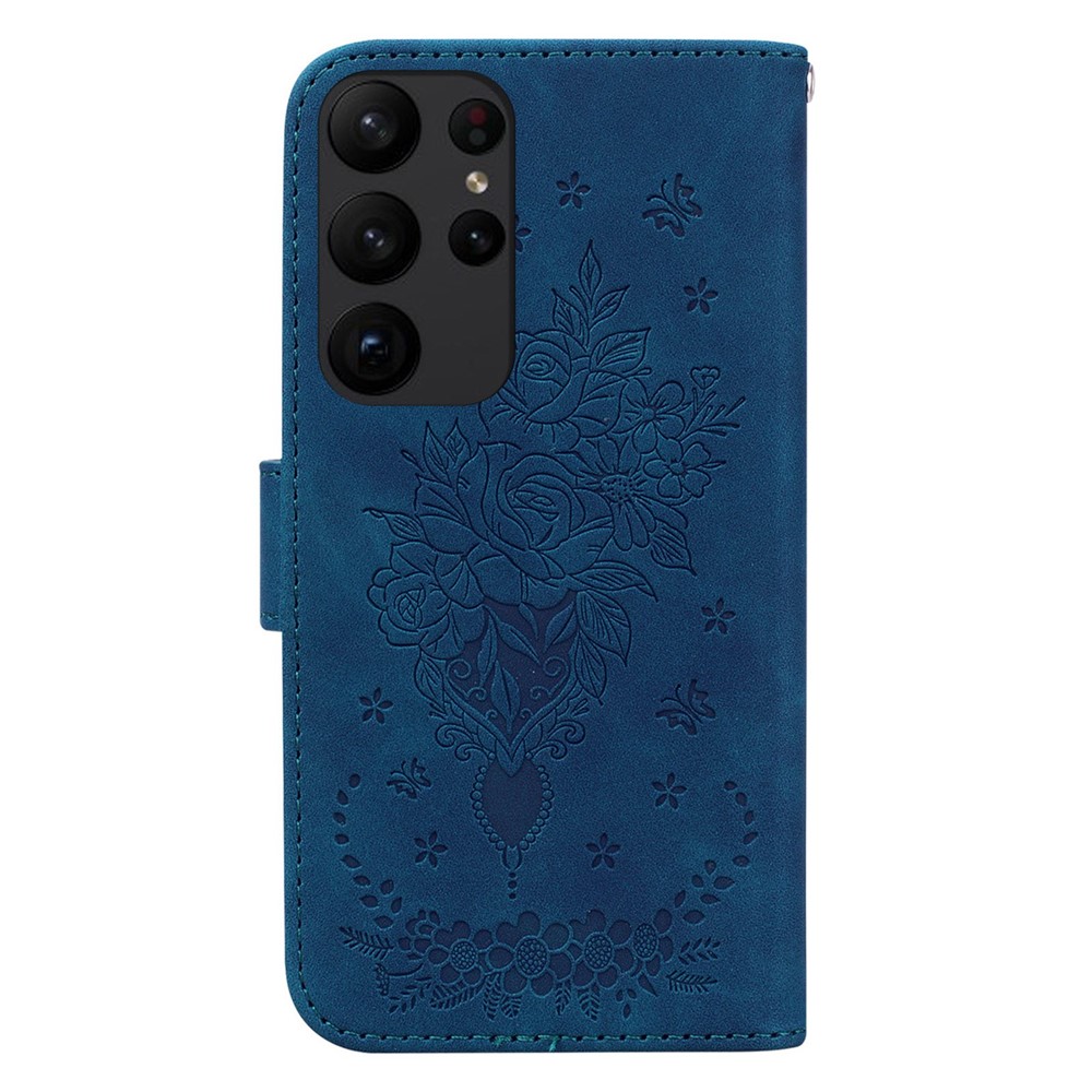 For Samsung Galaxy S23 Ultra PU Leather Book Stand Wallet Case Imprinted Rose Butterfly Magnetic Closure Flip Phone Cover with Strap - Blue-7