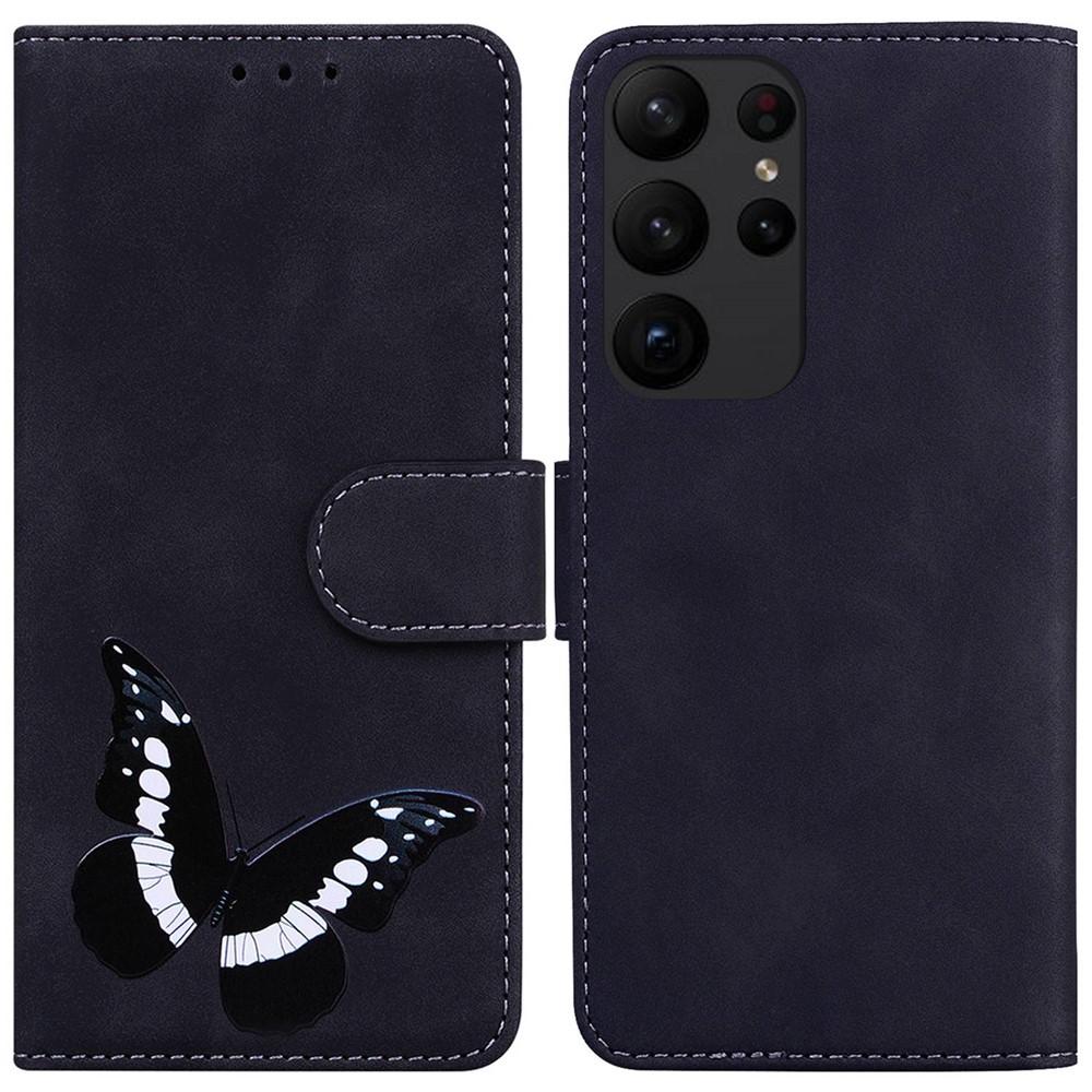 For Samsung Galaxy S23 Ultra Butterfly Pattern Printing Flip Phone Case Skin-touch PU Leather Wallet Stand Full Protective Cover - Black-1