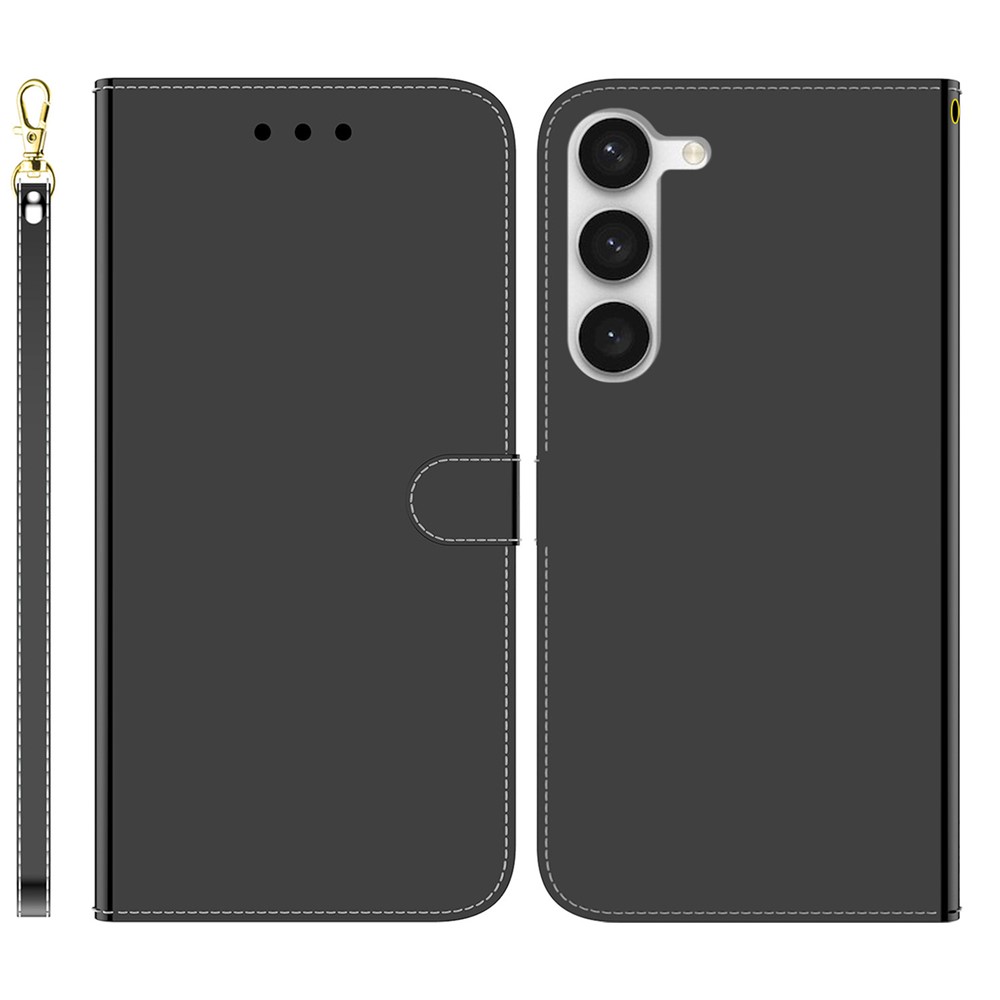 For Samsung Galaxy S23 PU Leather Flip Folio Wallet Phone Case Mirror-like Surface Magnetic Clasp Stand Bookstyle Cover with Strap - Black-1