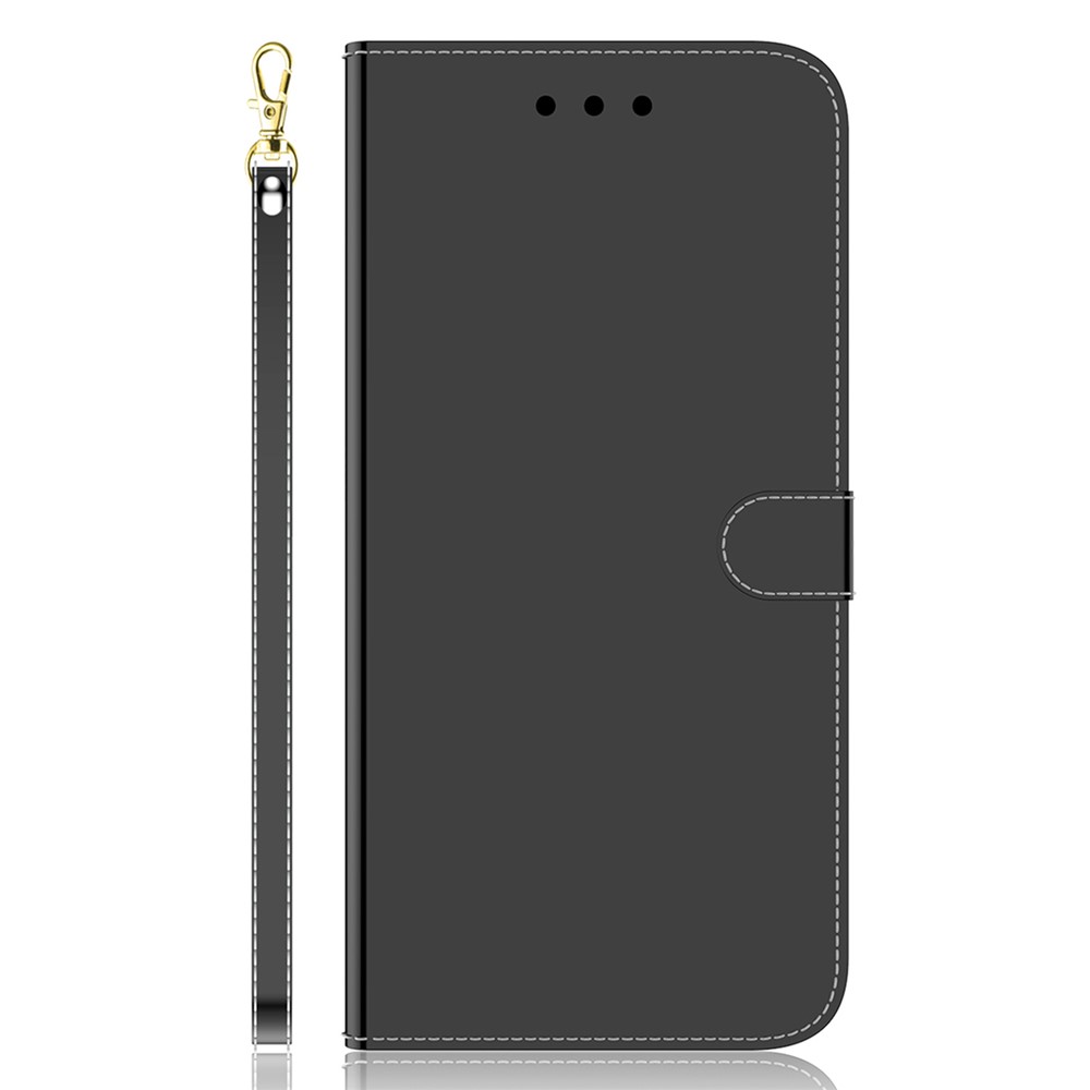 For Samsung Galaxy S23 PU Leather Flip Folio Wallet Phone Case Mirror-like Surface Magnetic Clasp Stand Bookstyle Cover with Strap - Black-7