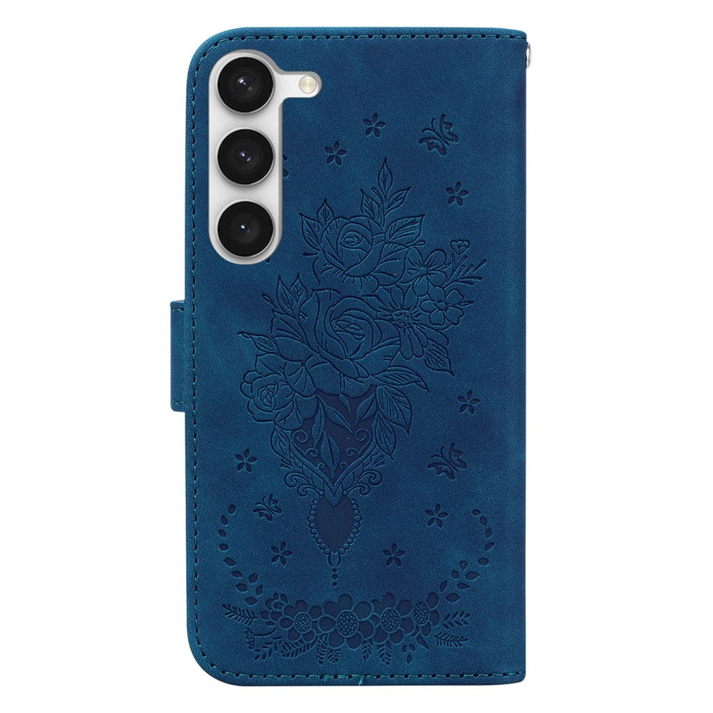 For Samsung Galaxy S23 Imprinted Rose Butterfly PU Leather Flip Cover Stand TPU Inner Shell Magnetic Closure Wallet Phone Cover with Strap - Blue-7
