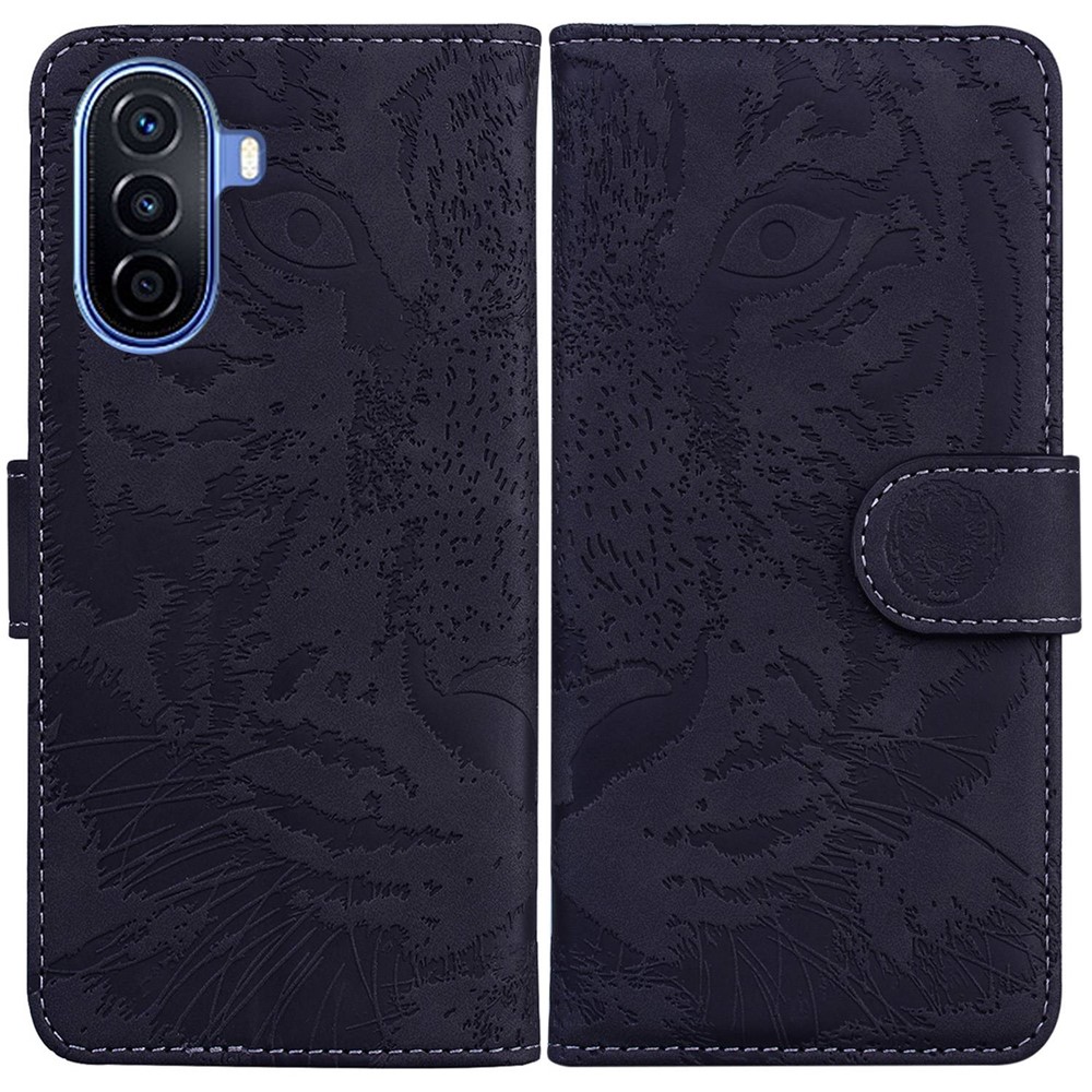 Magnetic Clasp Protective Phone Case For Huawei nova Y70 Plus 4G, Anti-fall Tiger Pattern Imprinted PU Leather Flip Wallet Cover Stand - Black-1