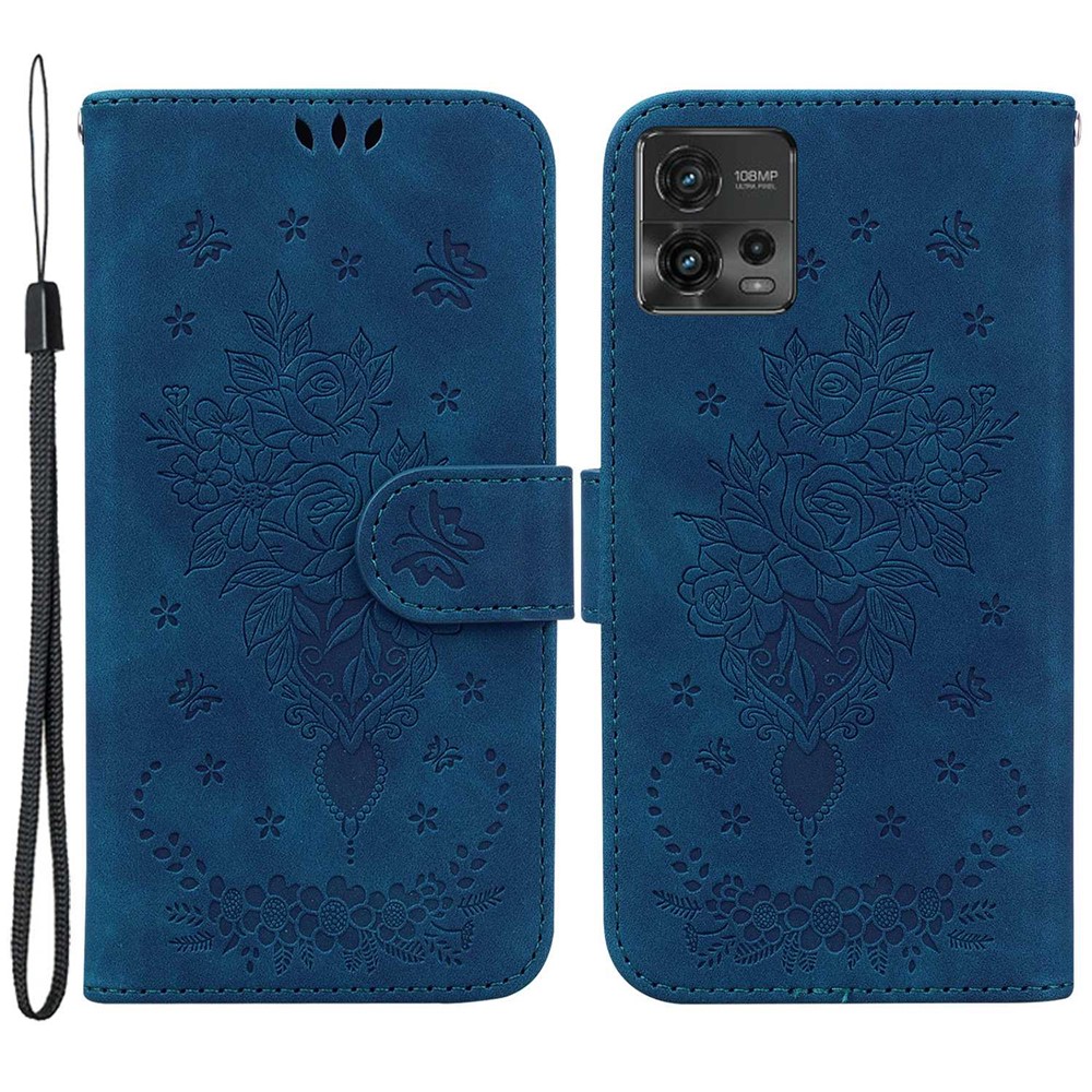 For Motorola Moto G72 4G PU Leather Wallet Phone Case Viewing Stand Rose Butterfly Imprinted Magnetic Closure Folio Cover with Strap - Blue-1