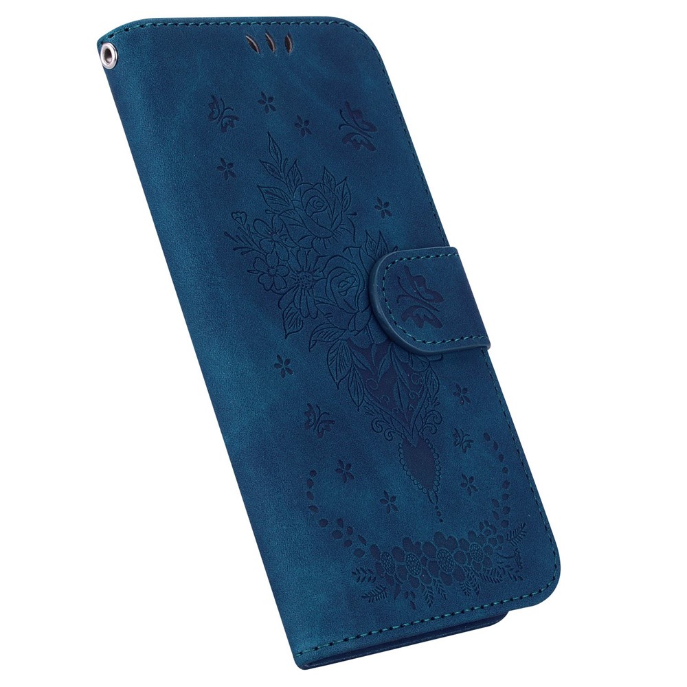 For Motorola Moto G72 4G PU Leather Wallet Phone Case Viewing Stand Rose Butterfly Imprinted Magnetic Closure Folio Cover with Strap - Blue-5