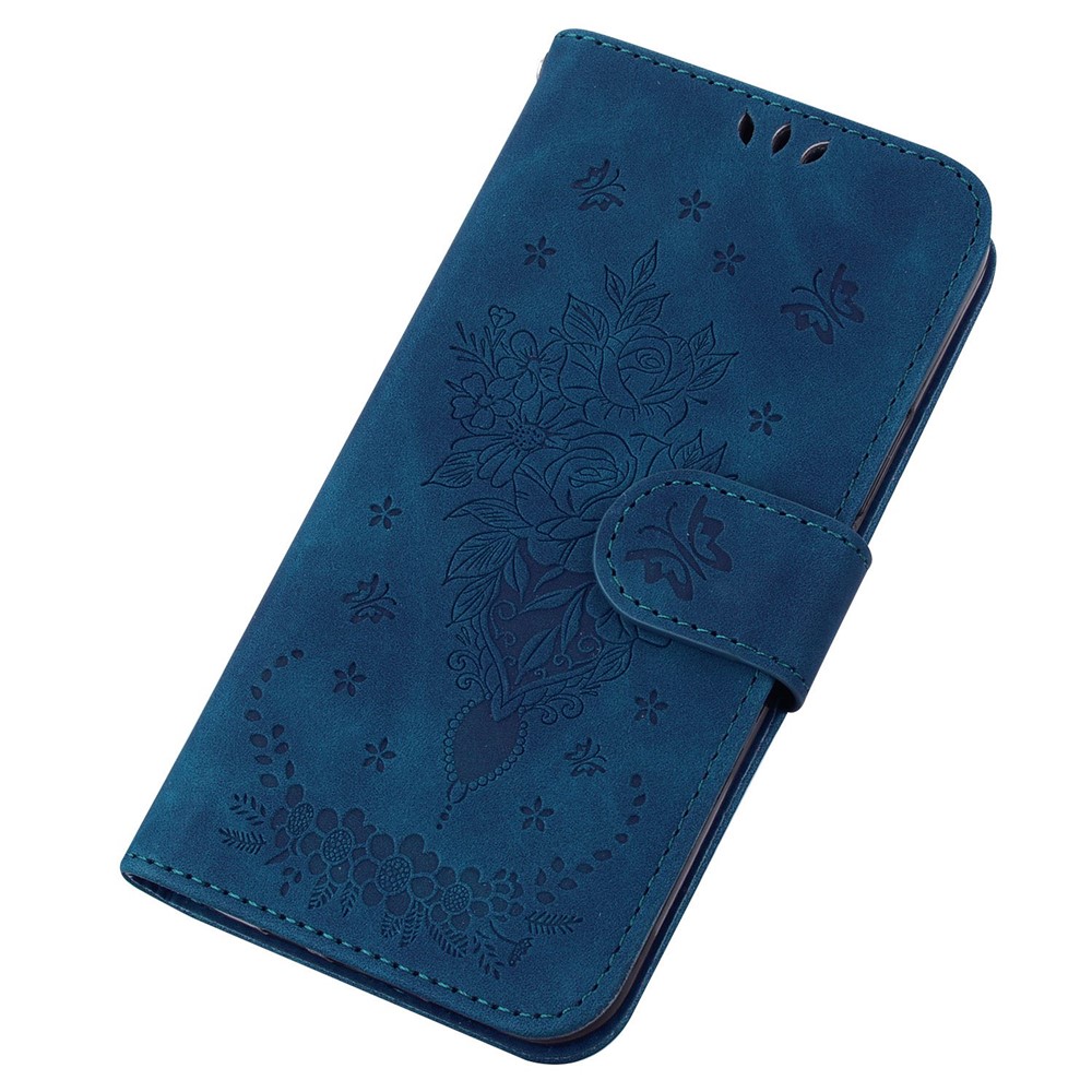 For Motorola Moto G72 4G PU Leather Wallet Phone Case Viewing Stand Rose Butterfly Imprinted Magnetic Closure Folio Cover with Strap - Blue-6