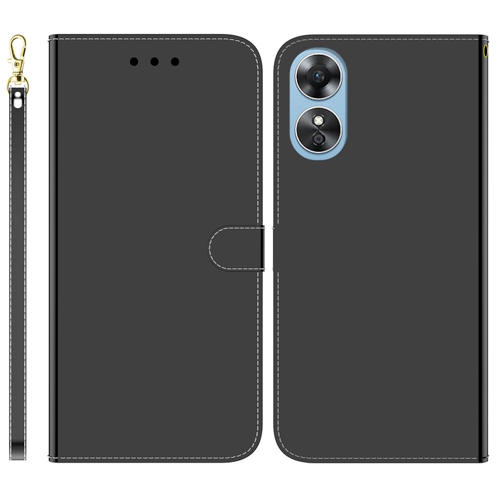 For Oppo A17 4G PU Leather Mirror-like Surface Wallet Folio Cover Stand Magnetic Clasp Full Protection Phone Case Holder with Strap - Black-1