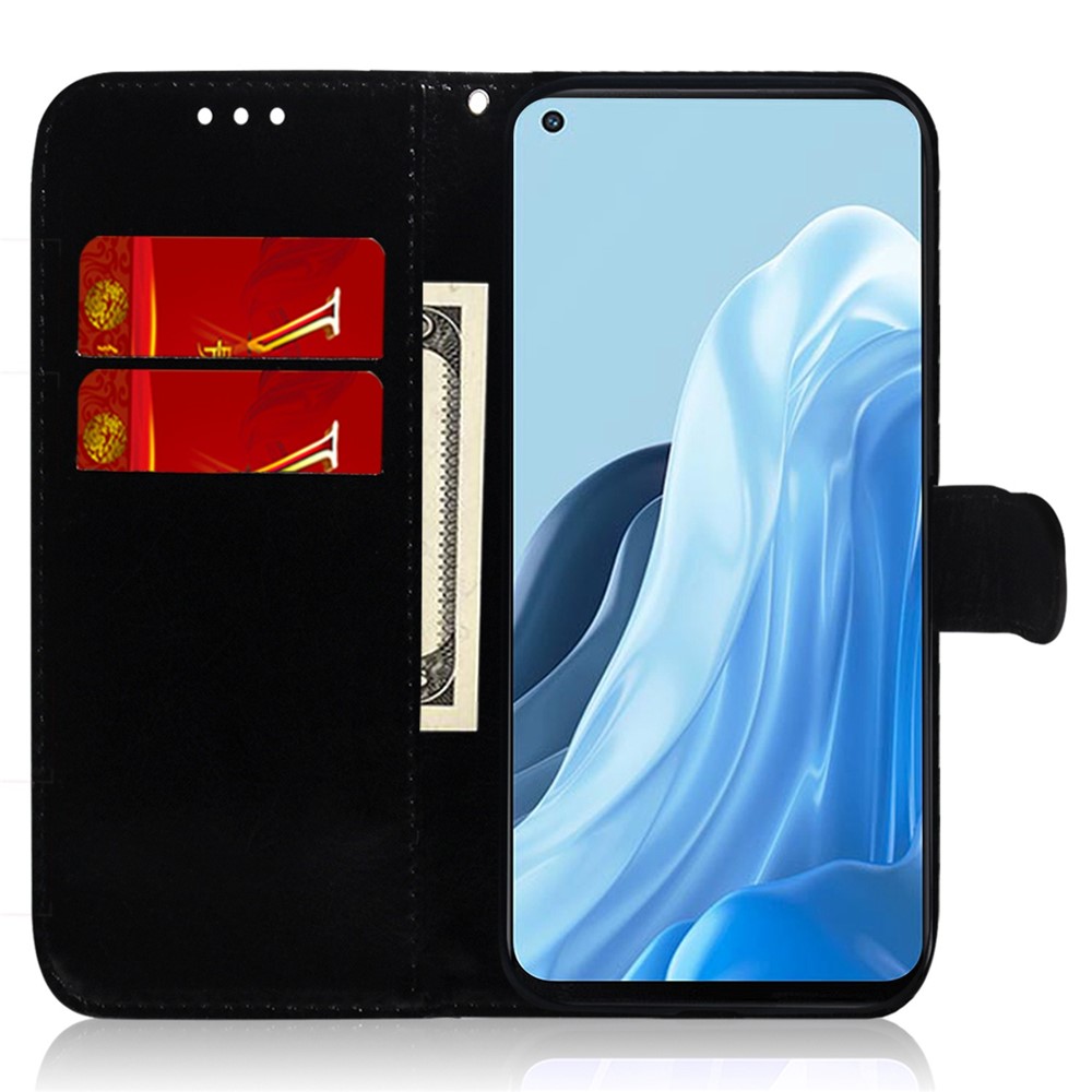 For Oppo A17 4G PU Leather Mirror-like Surface Wallet Folio Cover Stand Magnetic Clasp Full Protection Phone Case Holder with Strap - Black-2