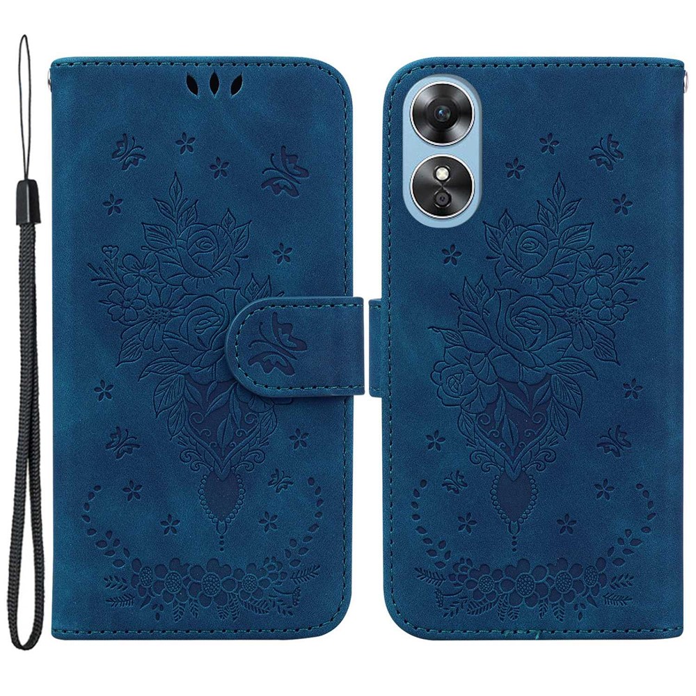 For Oppo A17 4G PU Leather Rose Butterfly Imprinted Handbag Wallet Phone Case Magnetic Closure Stand Shockproof Flip Cover with Strap - Blue-1