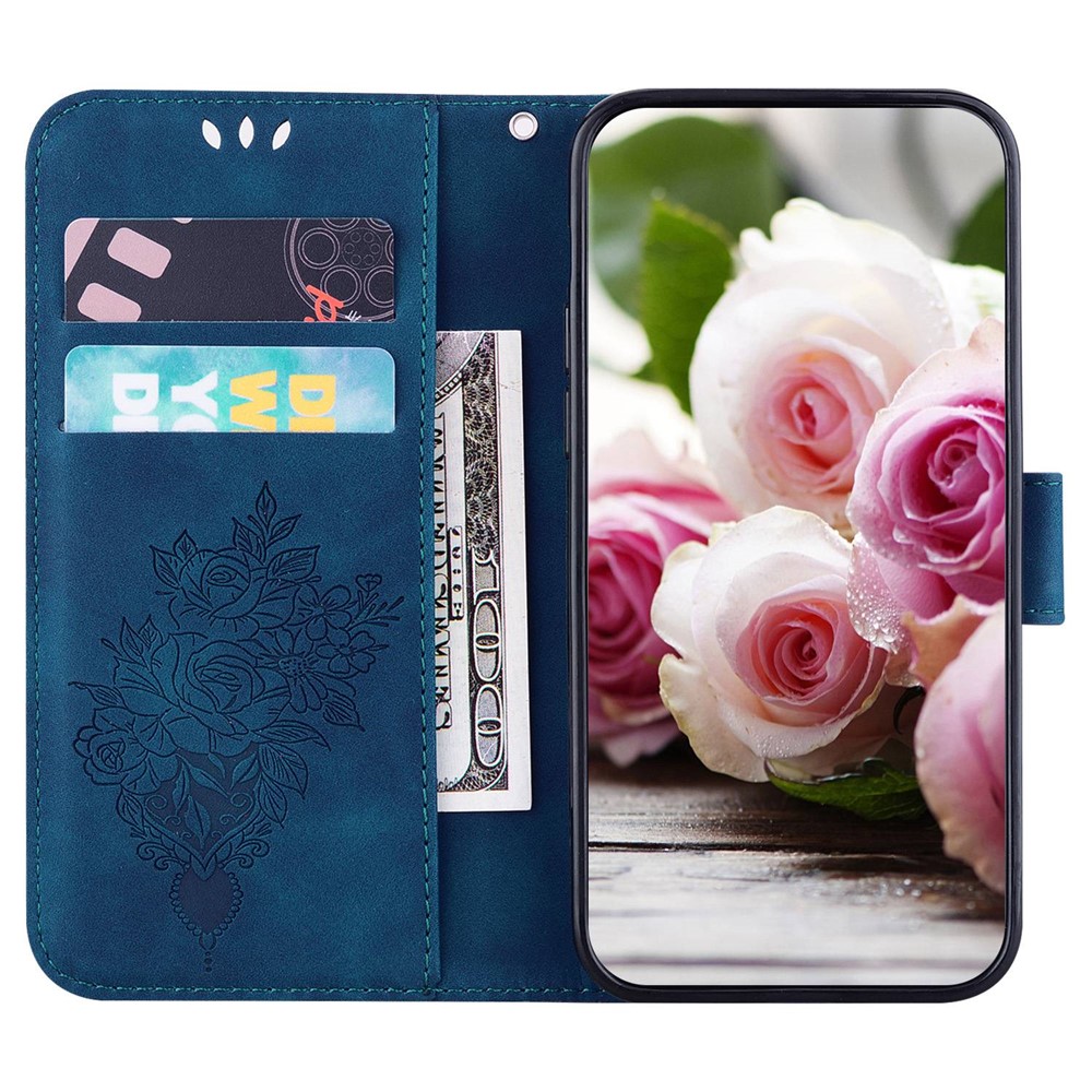 For Oppo A17 4G PU Leather Rose Butterfly Imprinted Handbag Wallet Phone Case Magnetic Closure Stand Shockproof Flip Cover with Strap - Blue-2