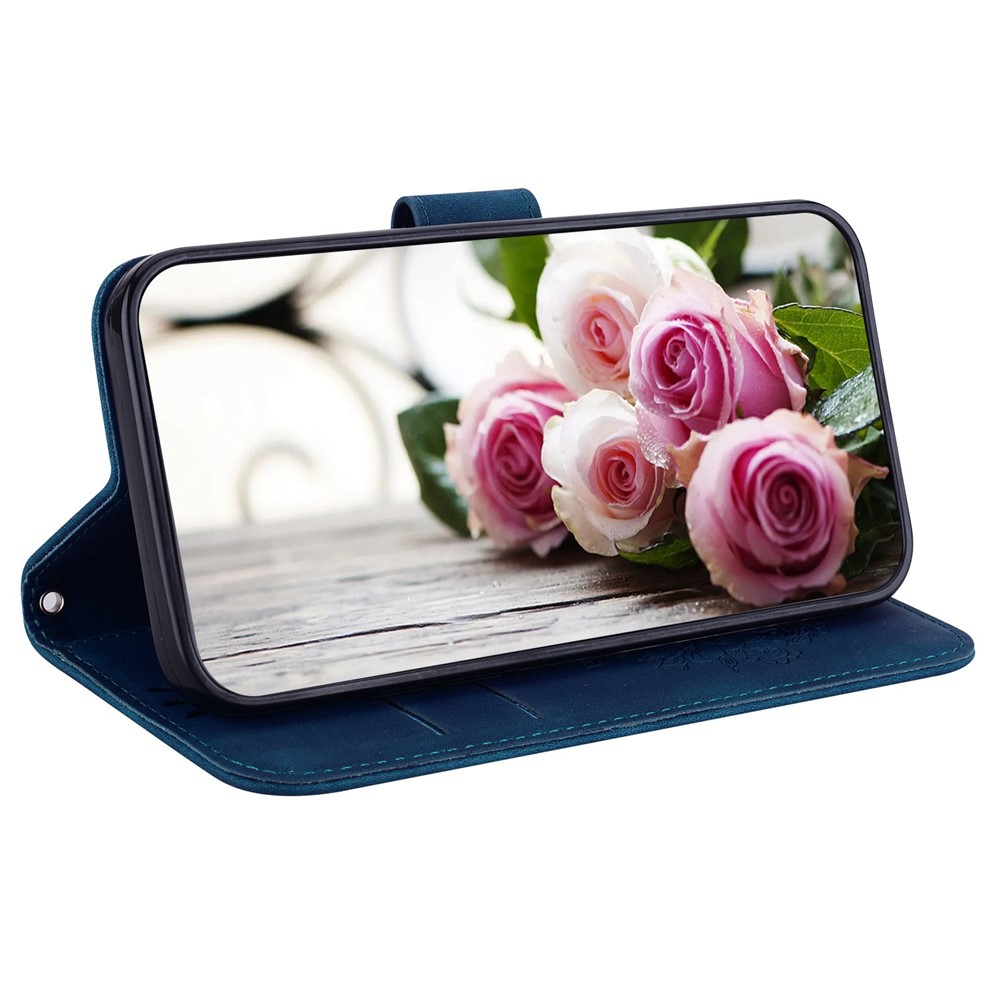 For Oppo A17 4G PU Leather Rose Butterfly Imprinted Handbag Wallet Phone Case Magnetic Closure Stand Shockproof Flip Cover with Strap - Blue-3
