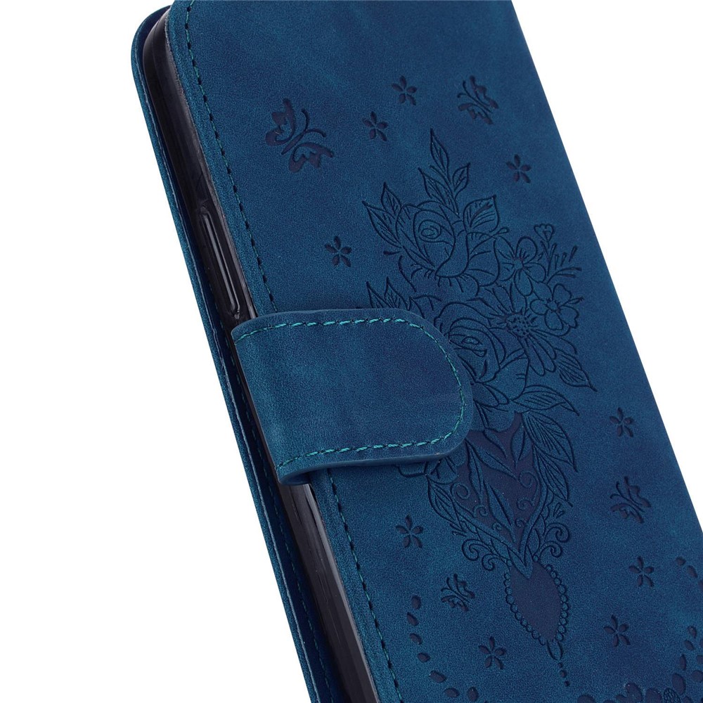 For Oppo A17 4G PU Leather Rose Butterfly Imprinted Handbag Wallet Phone Case Magnetic Closure Stand Shockproof Flip Cover with Strap - Blue-4
