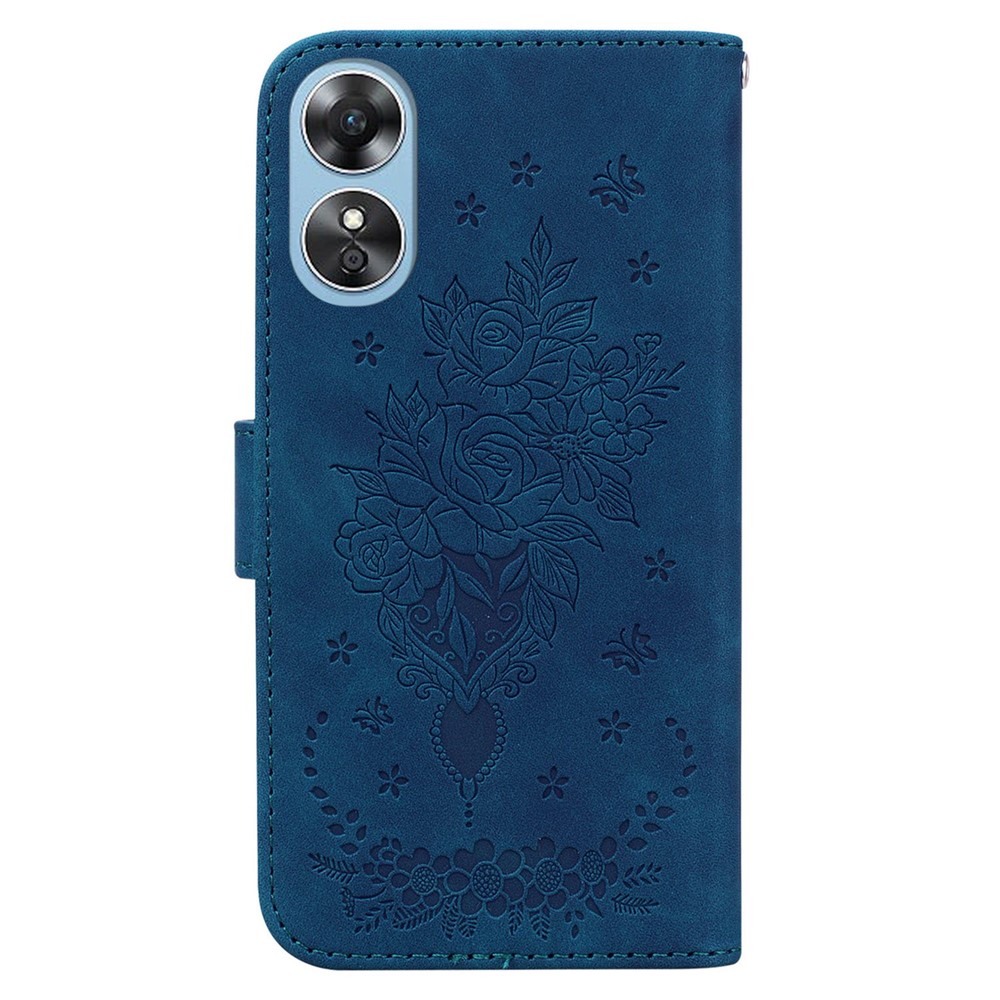 For Oppo A17 4G PU Leather Rose Butterfly Imprinted Handbag Wallet Phone Case Magnetic Closure Stand Shockproof Flip Cover with Strap - Blue-8