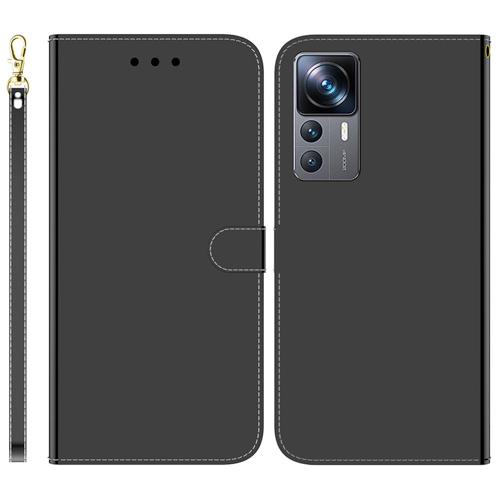 For Xiaomi 12T Pro 5G Mirror-like Surface Phone Stand Case Magnetic Clasp PU Leather Wallet Cover Inner TPU Shell with Strap - Black-1