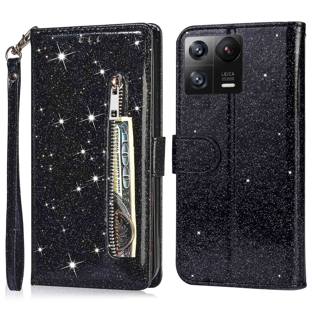 For Xiaomi 13 Pro 5G Zipper Pocket Glittery Sequins Phone Cover Full Protection PU Leather Wallet Stand Case - Black-1