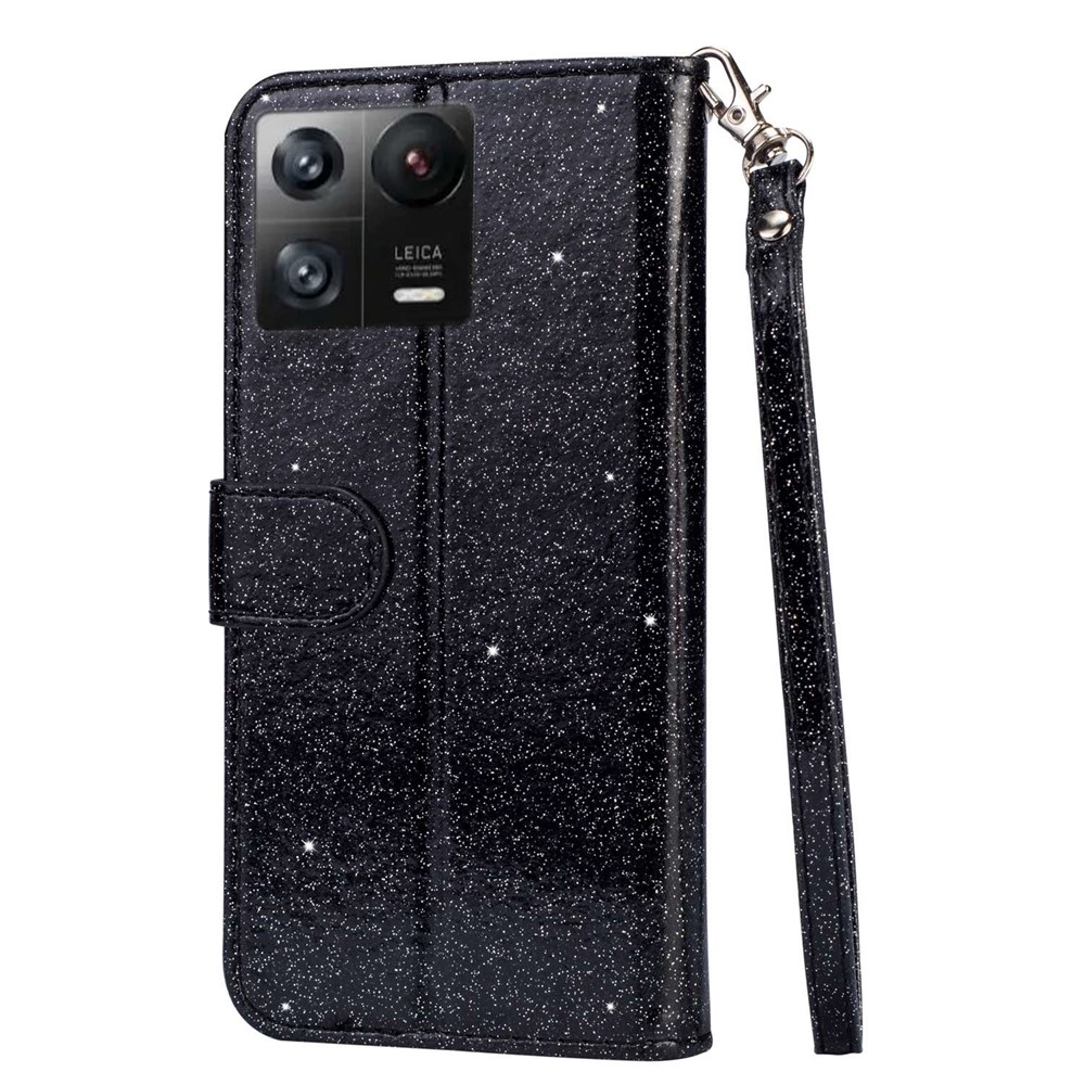 For Xiaomi 13 Pro 5G Zipper Pocket Glittery Sequins Phone Cover Full Protection PU Leather Wallet Stand Case - Black-8