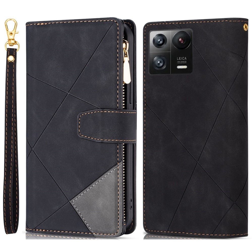 For Xiaomi 13 Pro 5G Color Splicing Zipper Pocket Phone Case Imprinting Lines PU Leather Wallet Stand Cover - Black-1