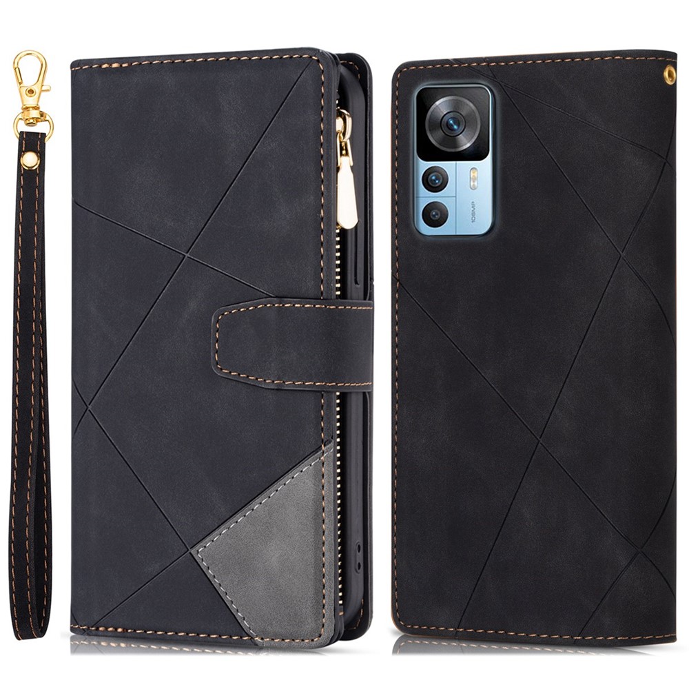 For Xiaomi 12T 5G / 12T Pro 5G / Redmi K50 Ultra 5G Color Splicing Stand Wallet Flip Leather Cover Imprinting Lines Phone Drop-proof Case with Zipper Pocket - Black-1