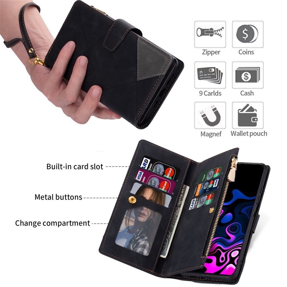 For Xiaomi 12T 5G / 12T Pro 5G / Redmi K50 Ultra 5G Color Splicing Stand Wallet Flip Leather Cover Imprinting Lines Phone Drop-proof Case with Zipper Pocket - Black-5