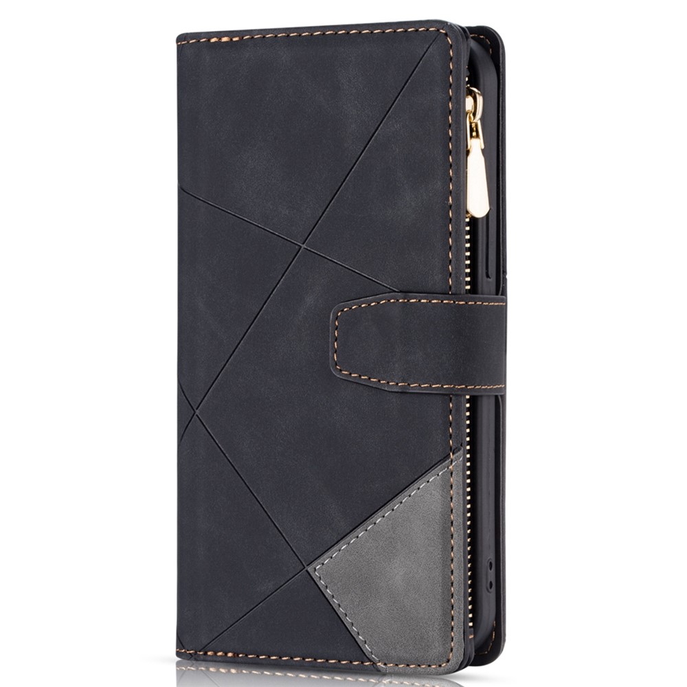 For Xiaomi 12T 5G / 12T Pro 5G / Redmi K50 Ultra 5G Color Splicing Stand Wallet Flip Leather Cover Imprinting Lines Phone Drop-proof Case with Zipper Pocket - Black-8