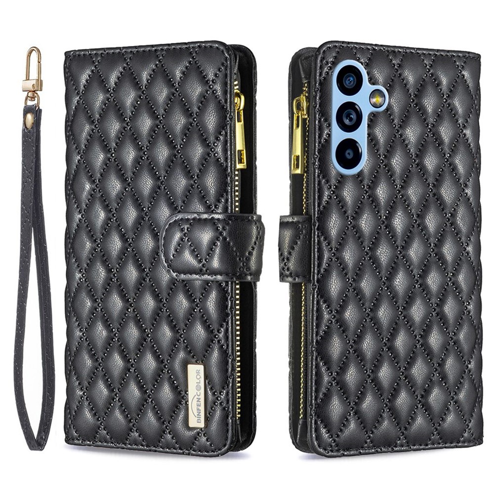 BINFEN COLOR BF Style-15 for Samsung Galaxy A54 5G PU Leather Zipper Pocket Phone Case Imprinted Rhombus Pattern Wallet Foldable Stand Cover with Strap - Black-1