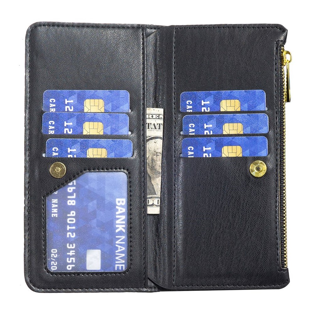 BINFEN COLOR BF Style-15 for Samsung Galaxy A54 5G PU Leather Zipper Pocket Phone Case Imprinted Rhombus Pattern Wallet Foldable Stand Cover with Strap - Black-4
