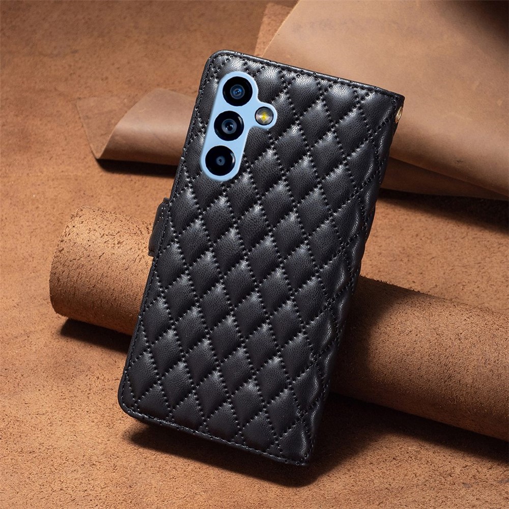 BINFEN COLOR BF Style-15 for Samsung Galaxy A54 5G PU Leather Zipper Pocket Phone Case Imprinted Rhombus Pattern Wallet Foldable Stand Cover with Strap - Black-6