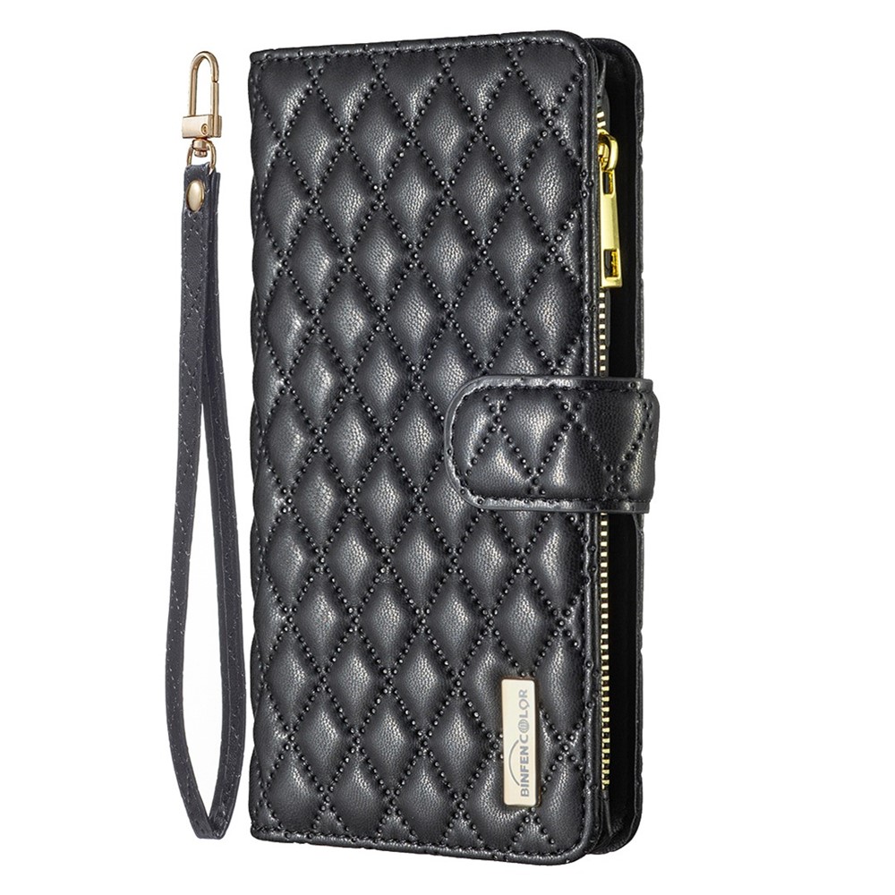 BINFEN COLOR BF Style-15 for Samsung Galaxy A54 5G PU Leather Zipper Pocket Phone Case Imprinted Rhombus Pattern Wallet Foldable Stand Cover with Strap - Black-8