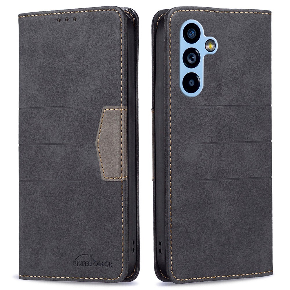 BINFEN COLOR BF Leather Series-1 for Samsung Galaxy A54 5G Style-10 Lines Imprinted Color Splicing Anti-scratch PU Leather Case Magnetic Auto-closing Phone Wallet Stand Cover - Black-1