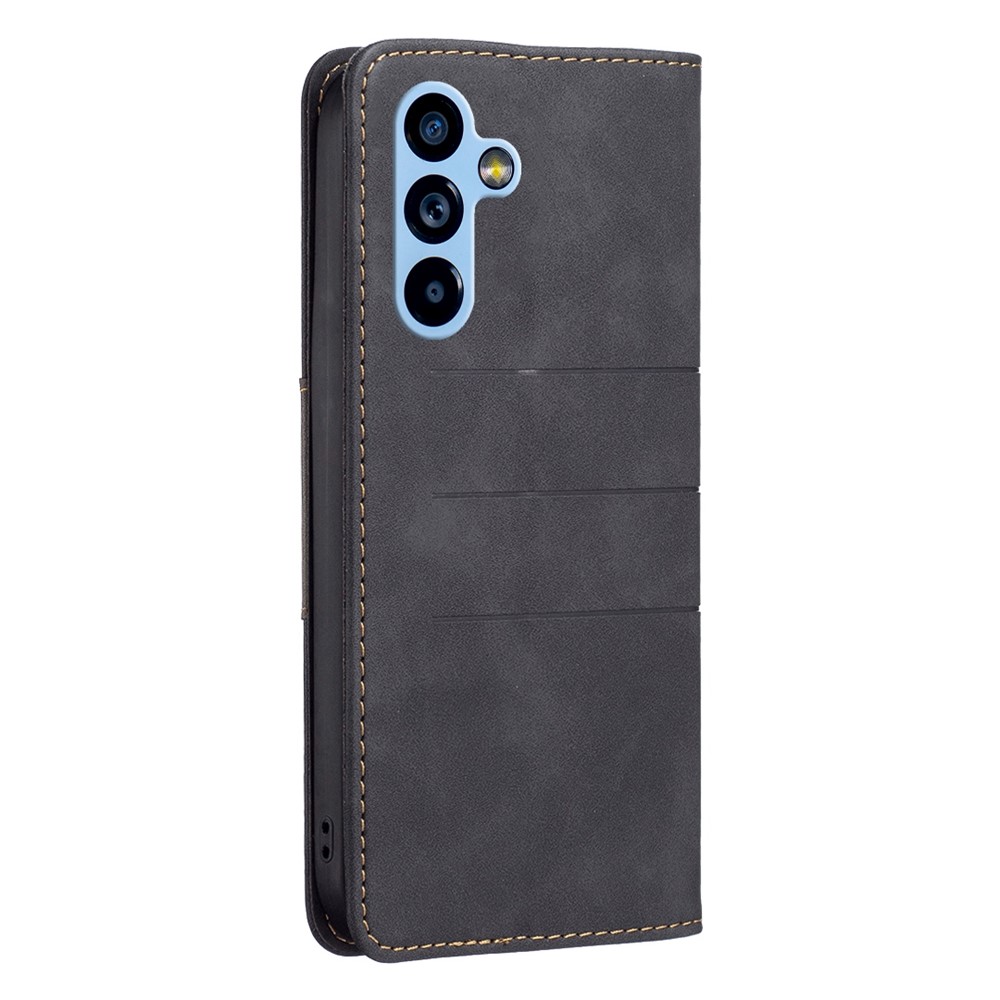 BINFEN COLOR BF Leather Series-1 for Samsung Galaxy A54 5G Style-10 Lines Imprinted Color Splicing Anti-scratch PU Leather Case Magnetic Auto-closing Phone Wallet Stand Cover - Black-8