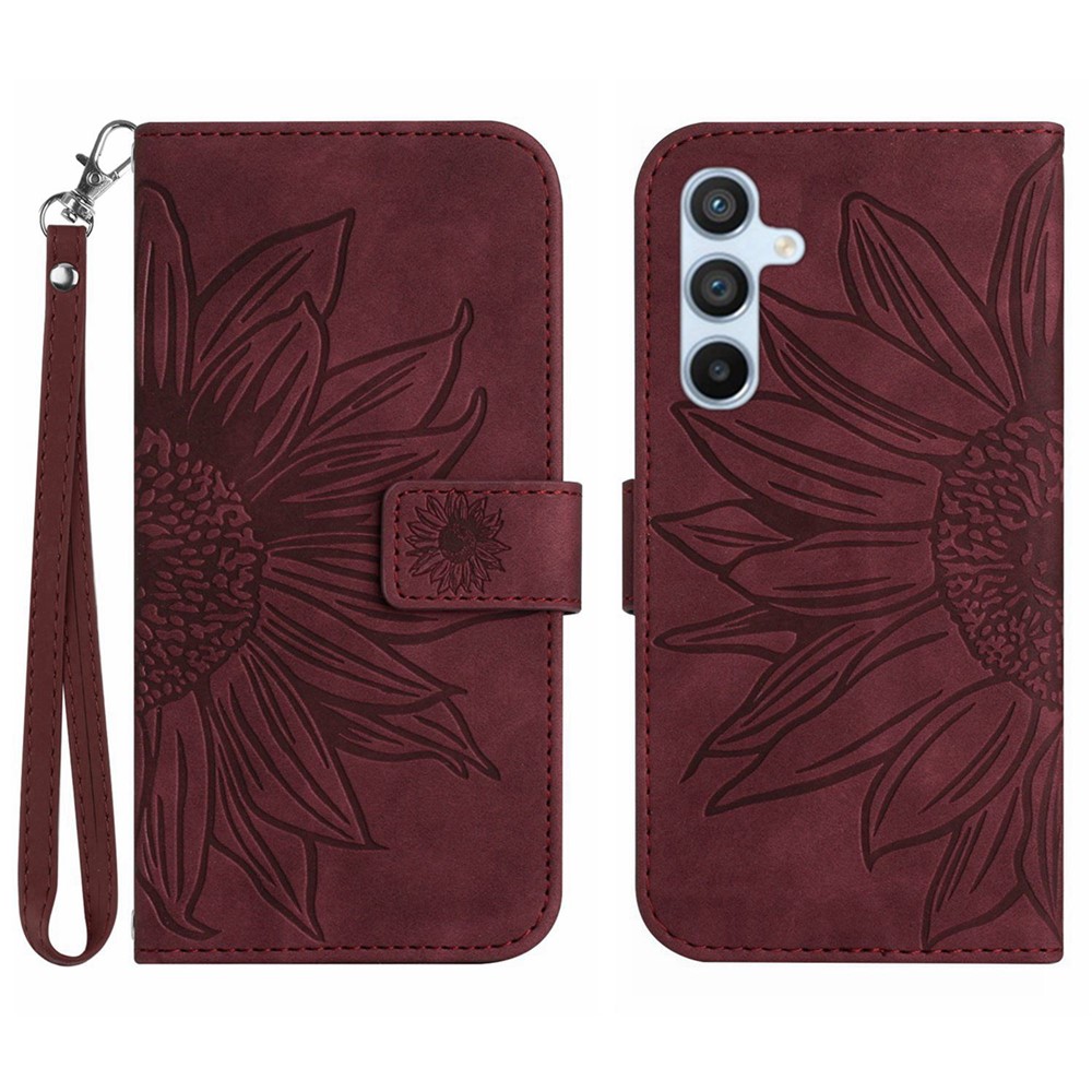 For Samsung Galaxy A54 5G HT04 Imprinted Sunflower Wallet Flip Case Skin-Touch PU Leather Stand Magnetic Phone Cover with Hand Strap - Wine Red-1