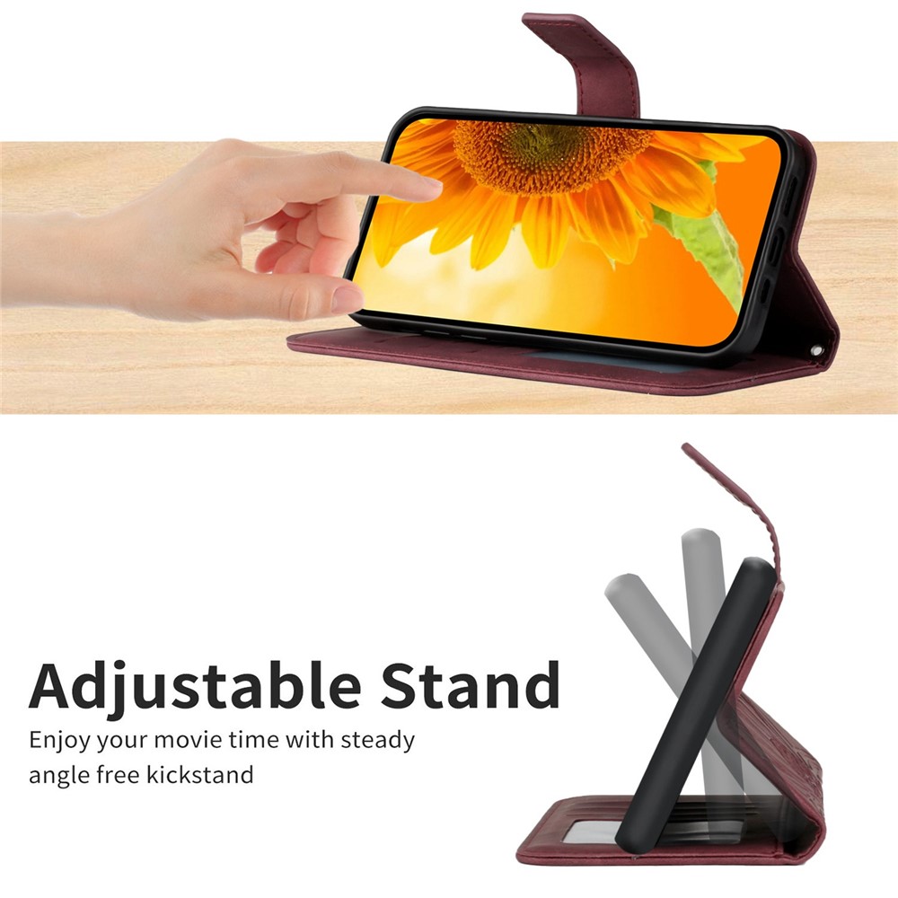 For Samsung Galaxy A54 5G HT04 Imprinted Sunflower Wallet Flip Case Skin-Touch PU Leather Stand Magnetic Phone Cover with Hand Strap - Wine Red-3