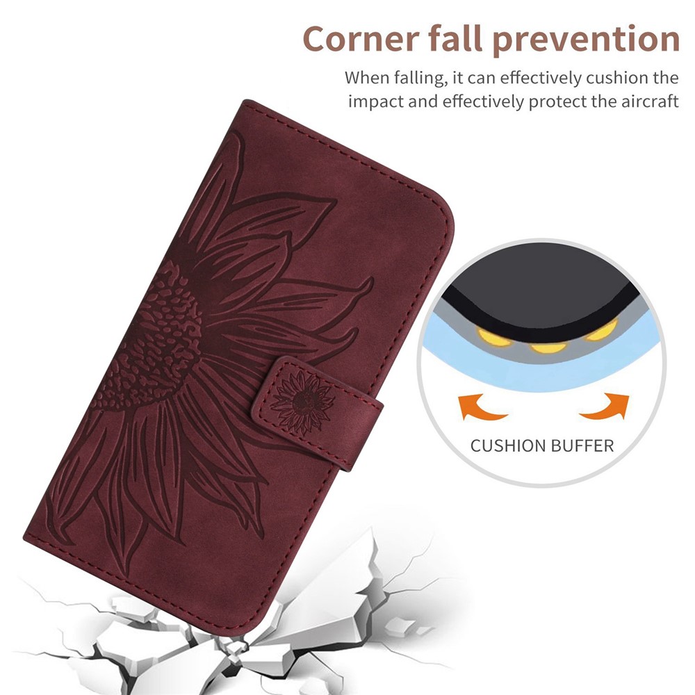 For Samsung Galaxy A54 5G HT04 Imprinted Sunflower Wallet Flip Case Skin-Touch PU Leather Stand Magnetic Phone Cover with Hand Strap - Wine Red-5